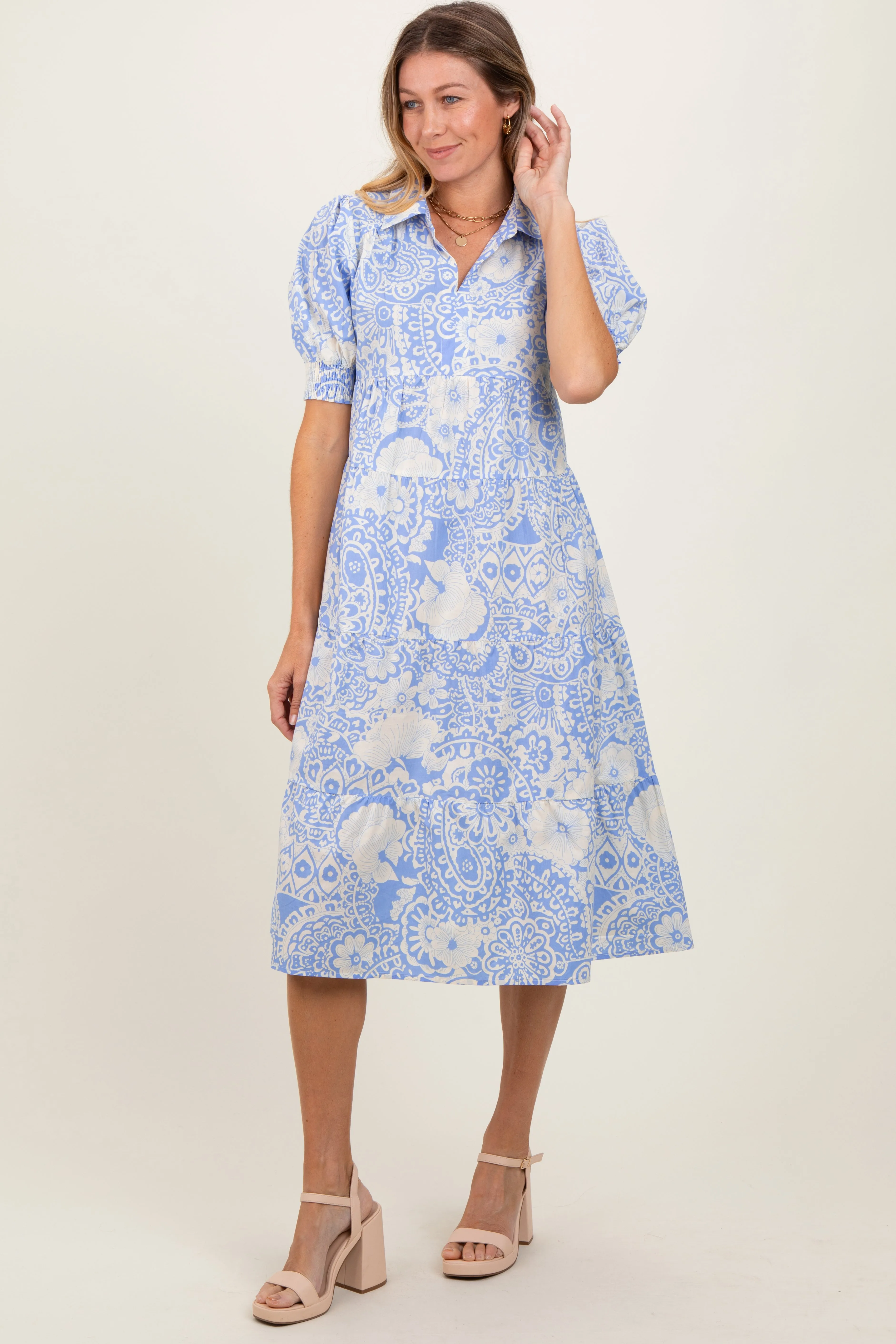 Periwinkle Floral Collared Tiered Midi Dress sold by Pinkblush product image thumbnail 3