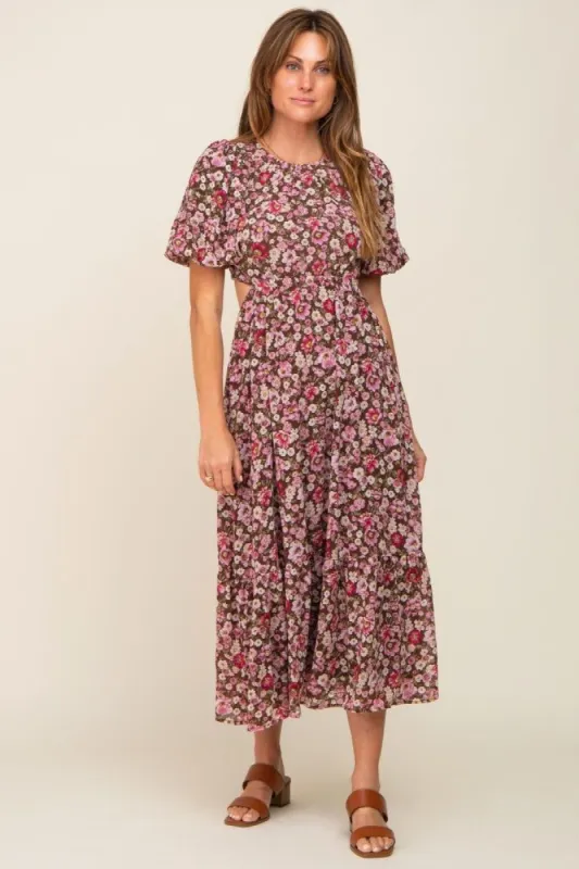 Brown Floral Chiffon Back Cutout Short Puff Sleeve Midi Dress sold by Pinkblush