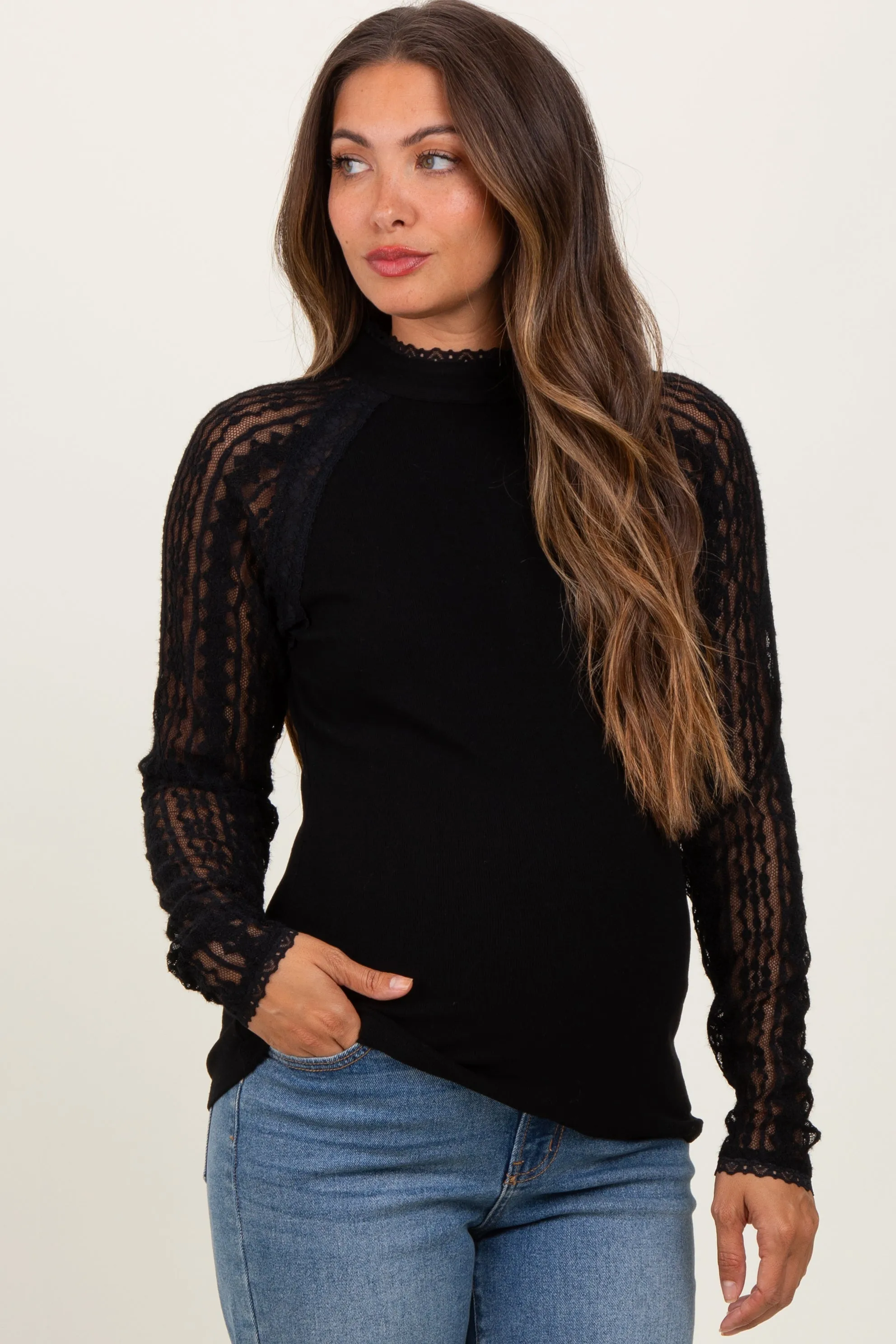 Black Lace Sleeve Mock Neck Maternity Blouse sold by Pinkblush product image thumbnail 2