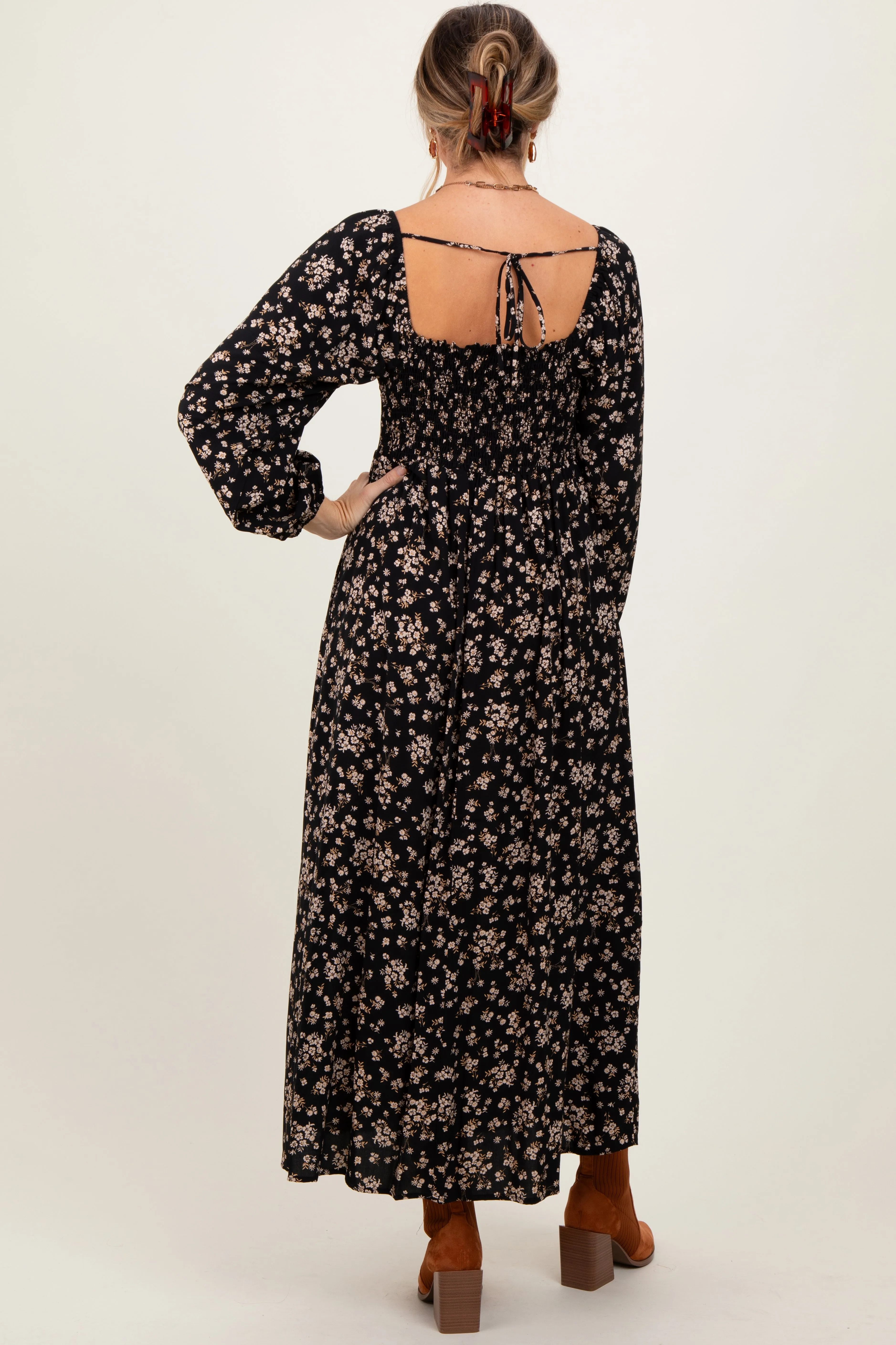Black Floral Square Neck Long Sleeve Maxi Dress sold by Pinkblush product image thumbnail 4
