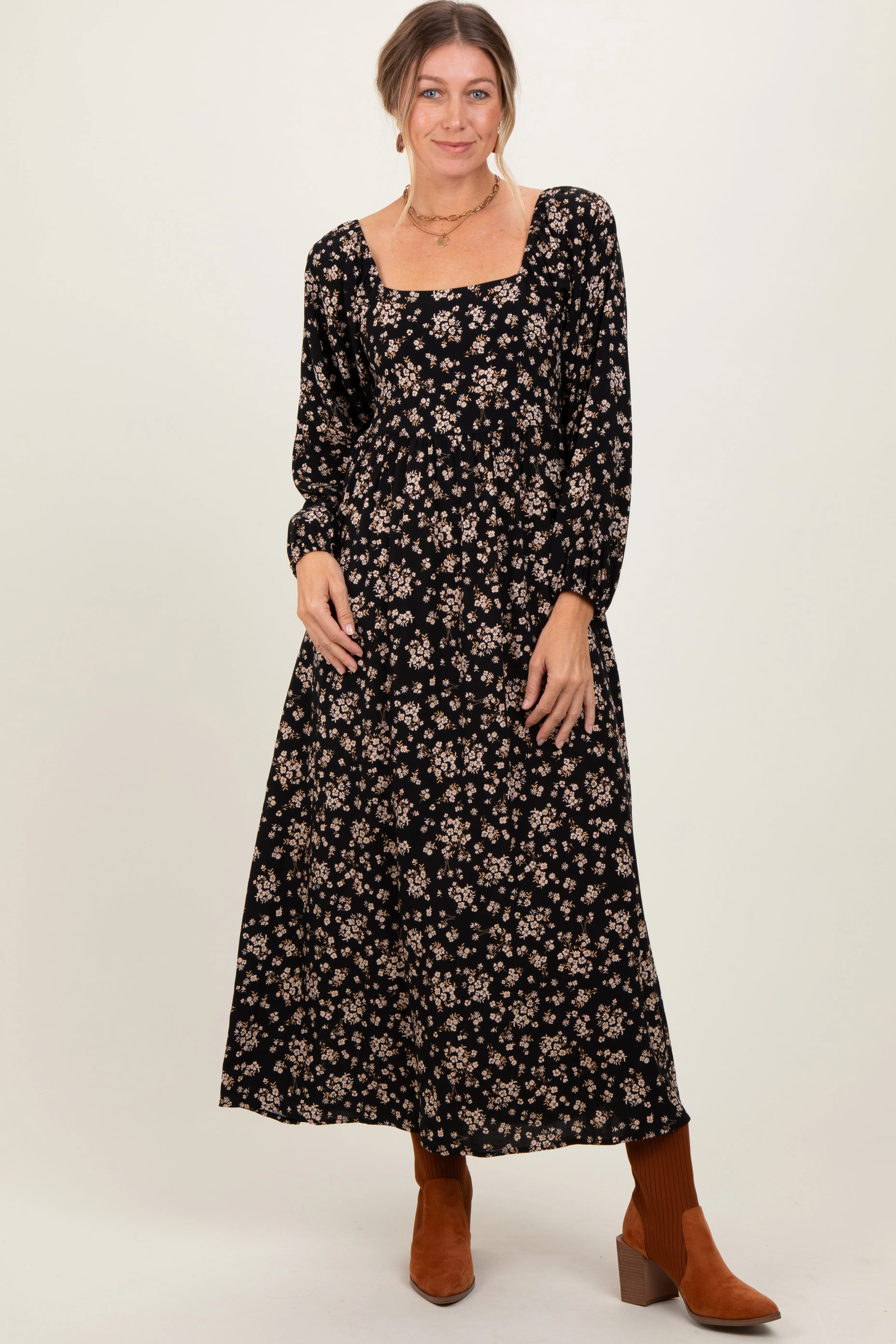 Black Floral Square Neck Long Sleeve Maxi Dress sold by Pinkblush product image thumbnail 2
