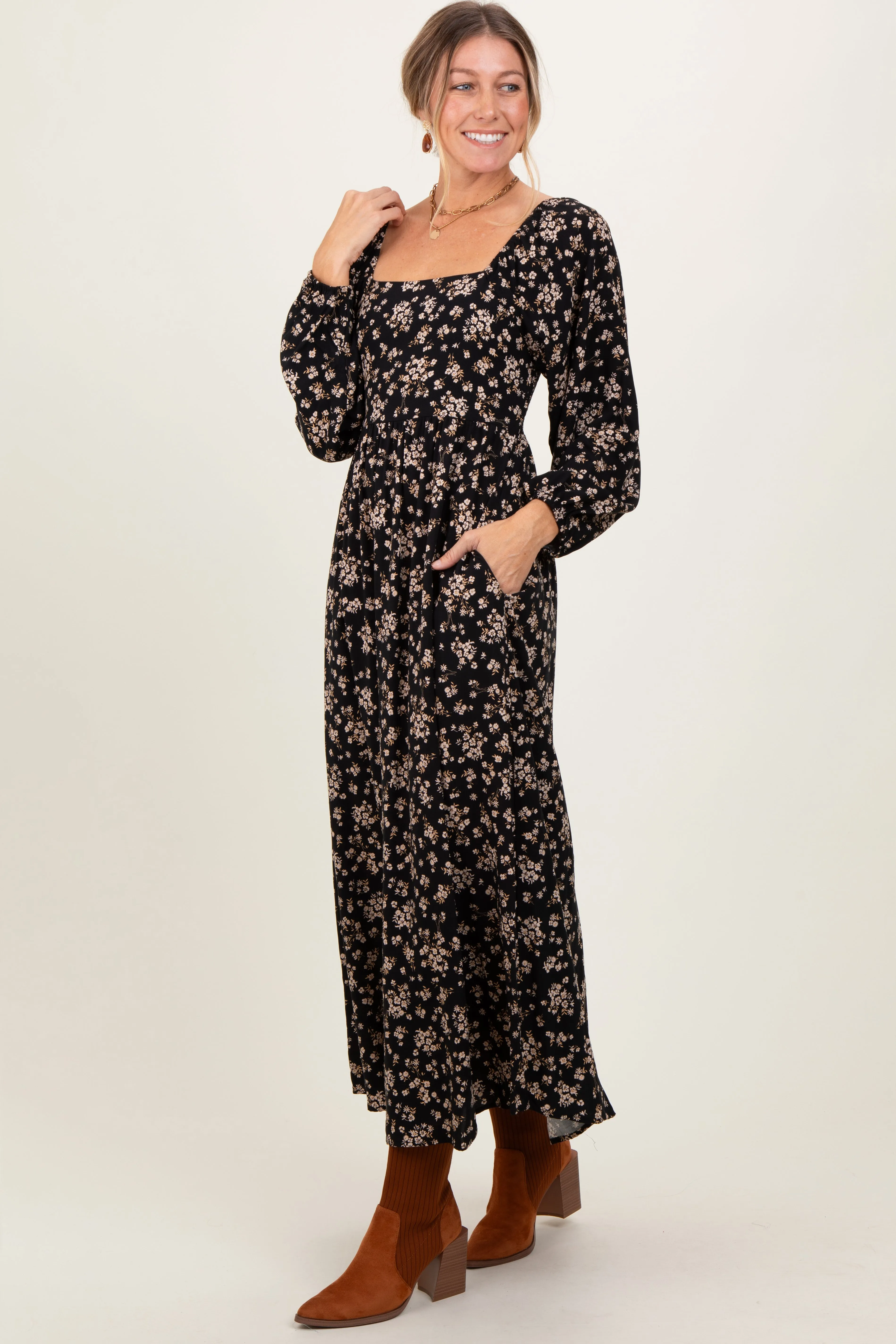 Black Floral Square Neck Long Sleeve Maxi Dress sold by Pinkblush product image thumbnail 3