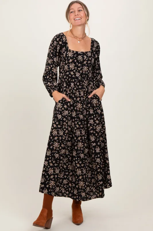 Black Floral Square Neck Long Sleeve Maxi Dress sold by Pinkblush