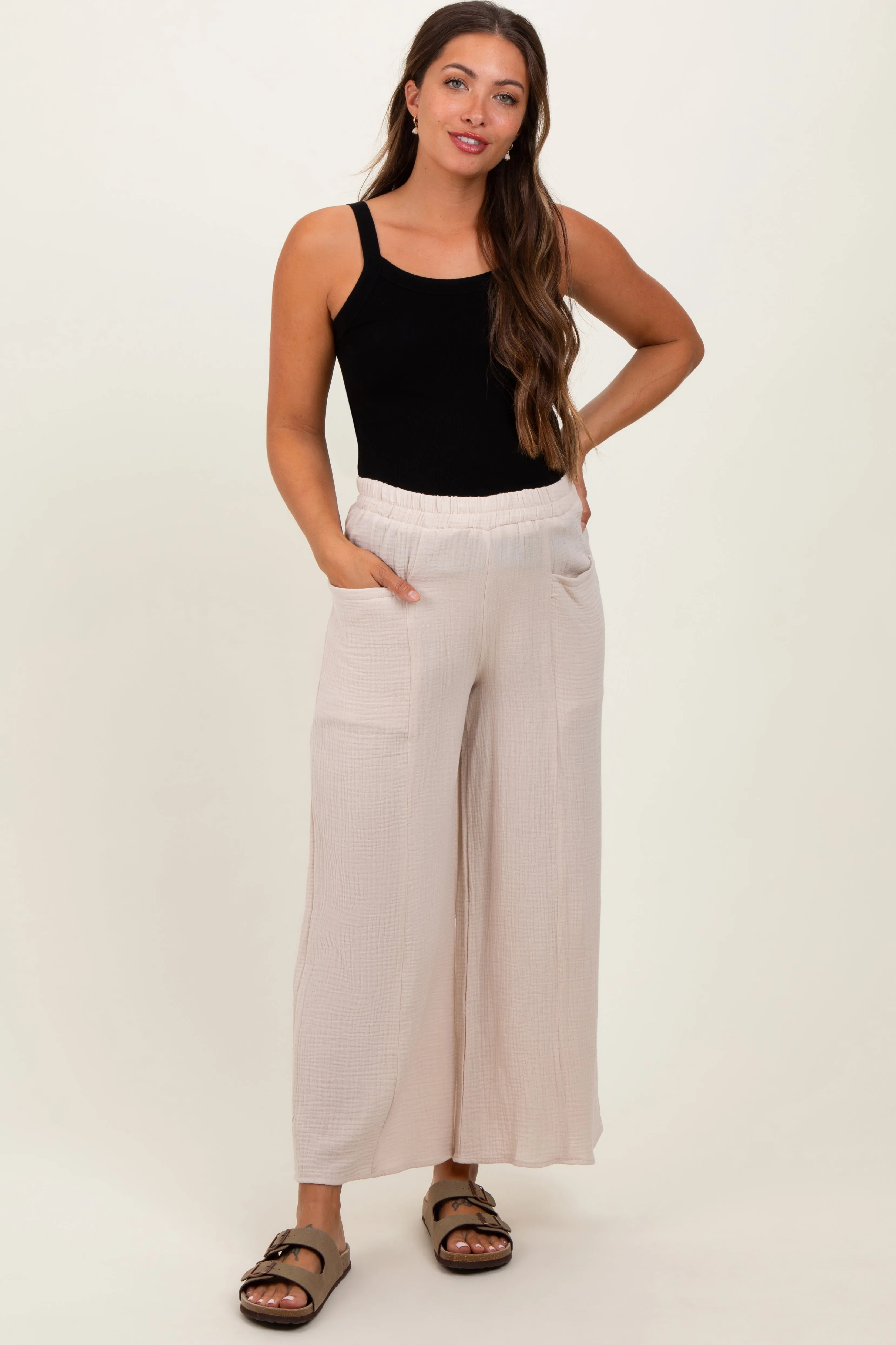 Cream Cotton Gauze Wide Leg Maternity Pants sold by Pinkblush