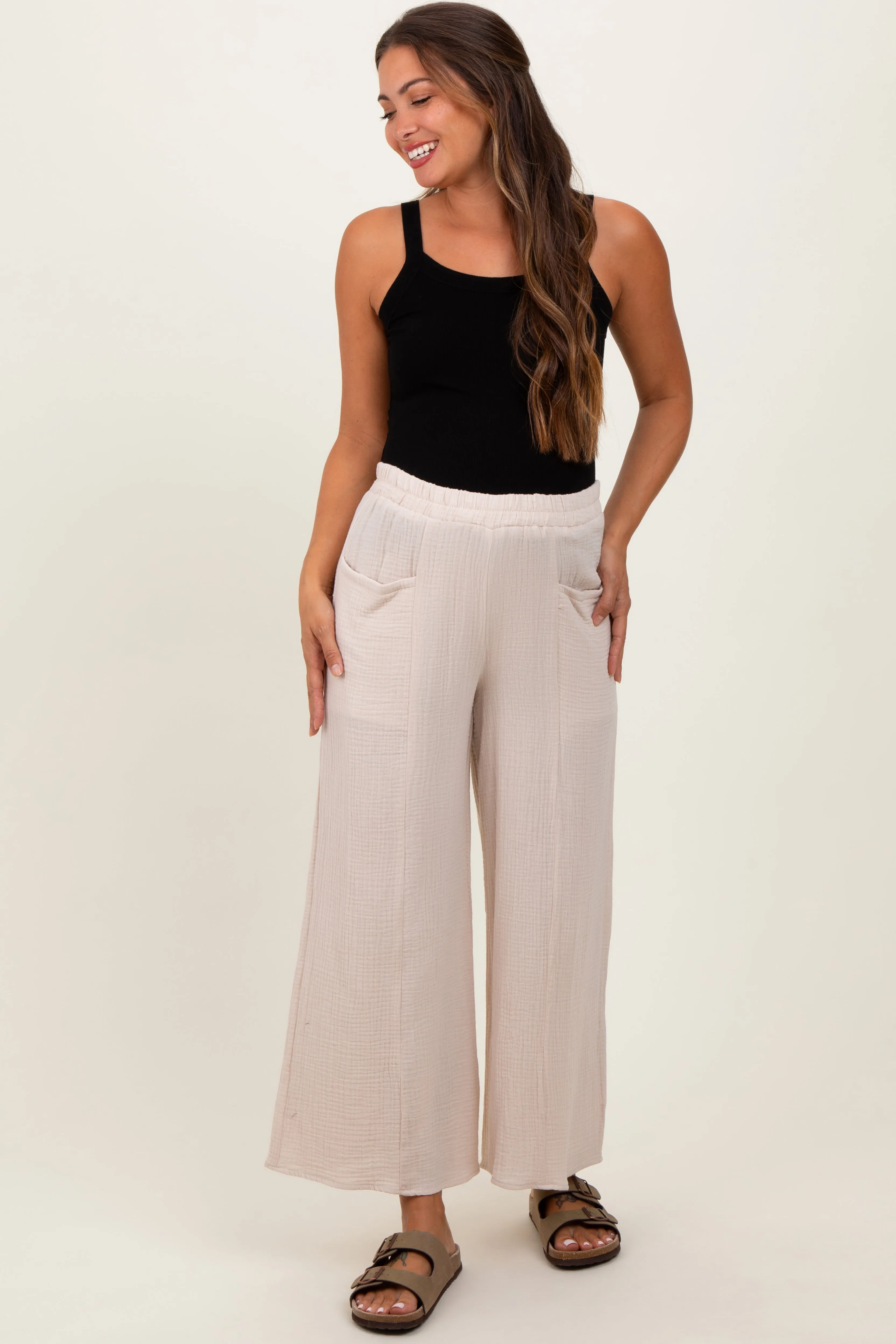 Cream Cotton Gauze Wide Leg Maternity Pants sold by Pinkblush product image thumbnail 2