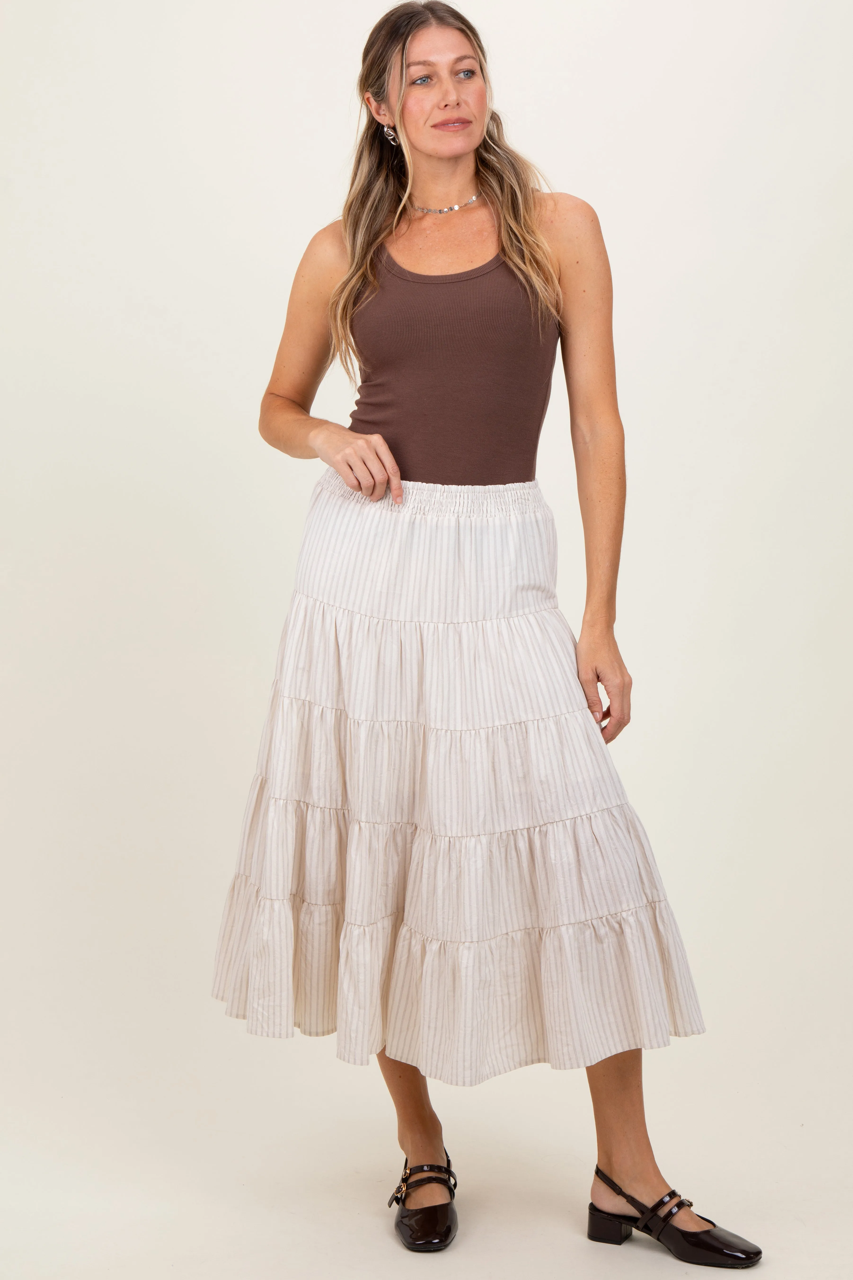 Ivory Striped Tiered Maxi Skirt sold by Pinkblush product image thumbnail 2