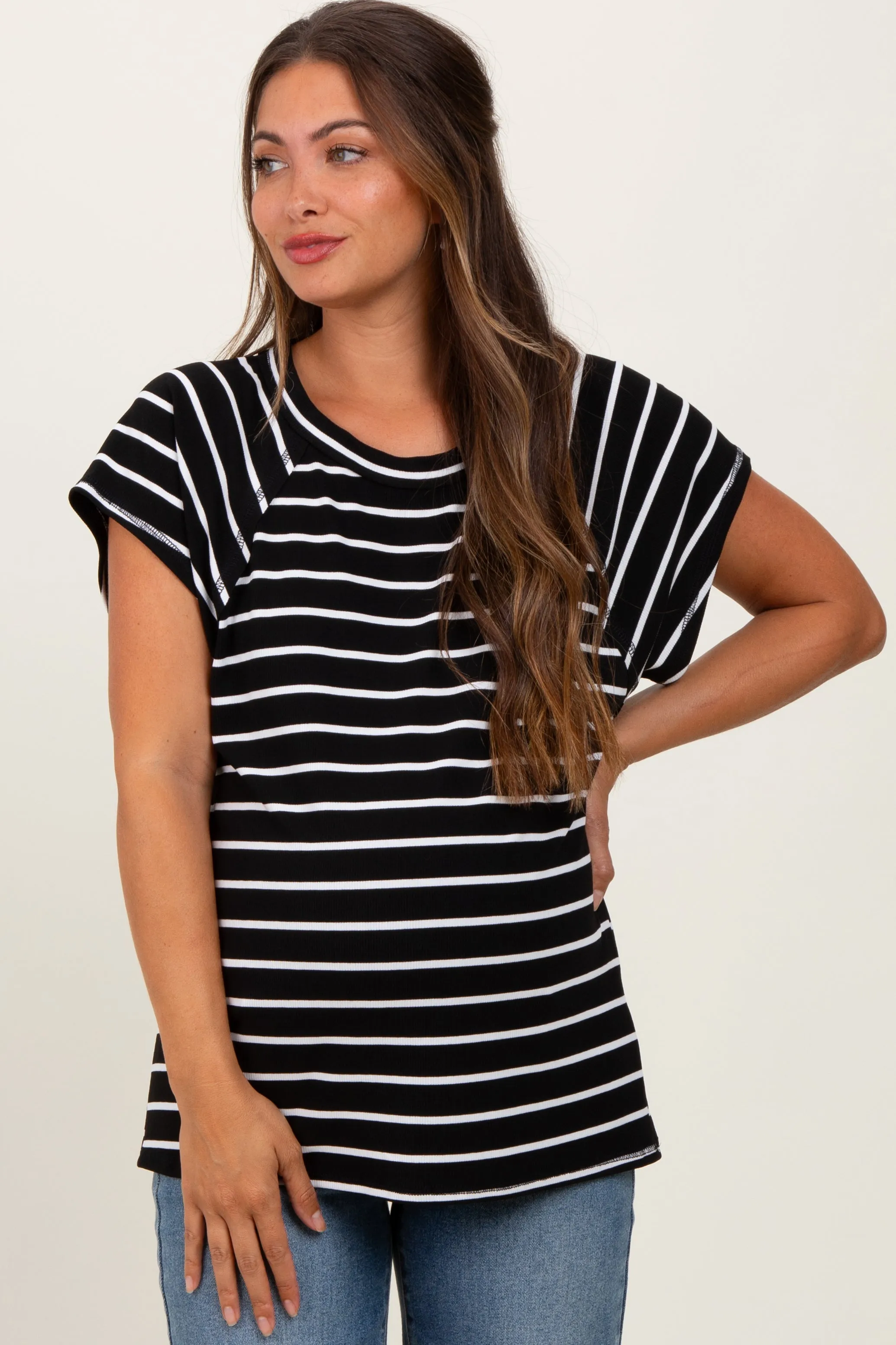Black Stripe Ribbed Short Sleeve Maternity Tunic Top sold by Pinkblush
