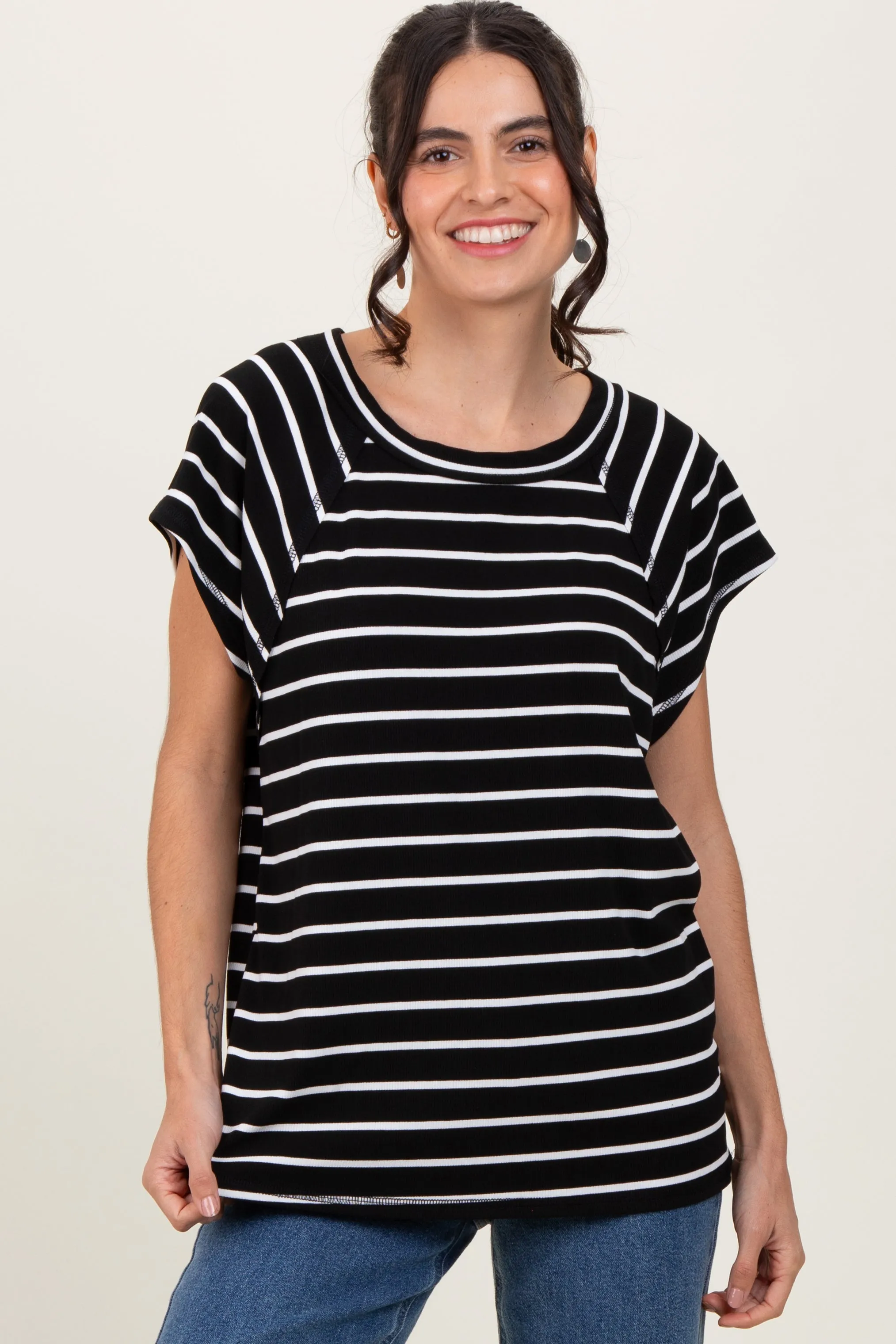 Black Stripe Ribbed Short Sleeve Maternity Tunic Top sold by Pinkblush product image thumbnail 5