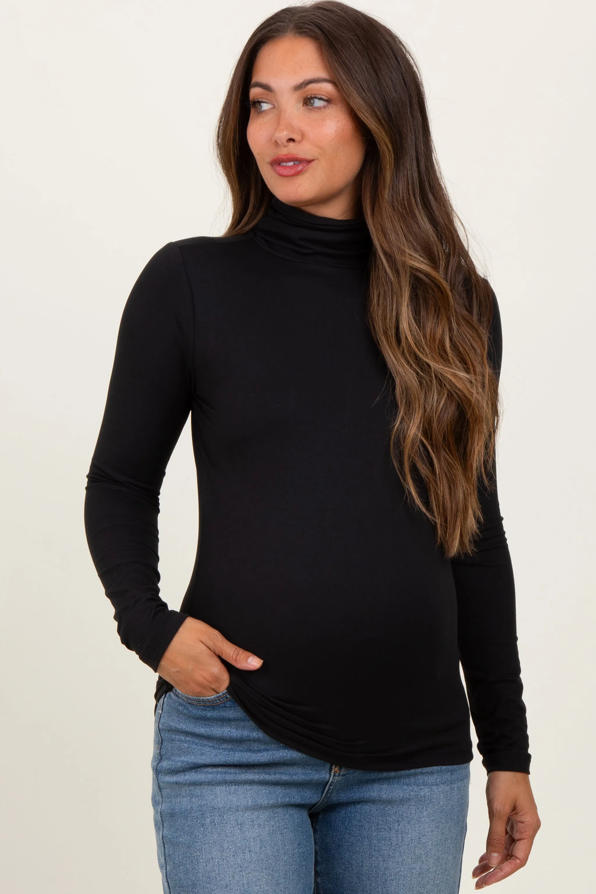 Black Brushed Knit Basic Turtleneck Maternity Top sold by Pinkblush