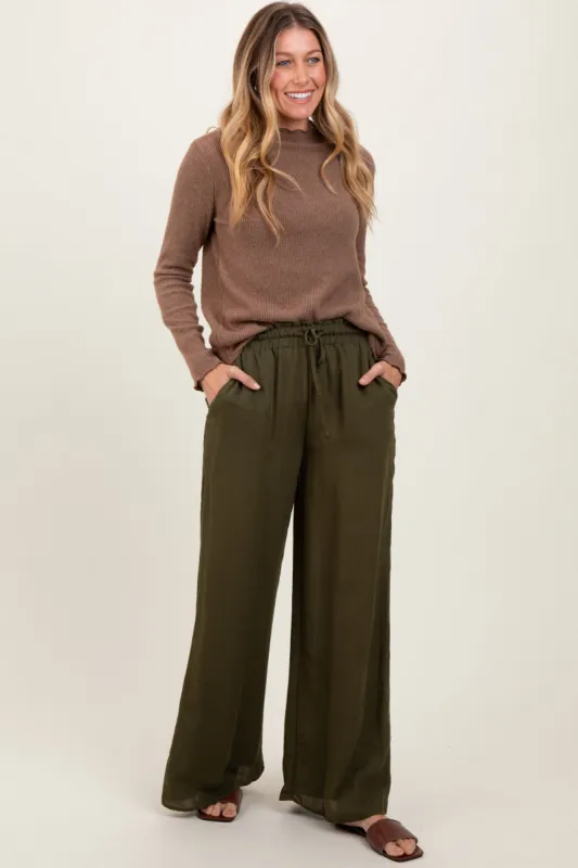 Olive Ruffled Drawstring Waist Wide Leg Pants sold by Pinkblush