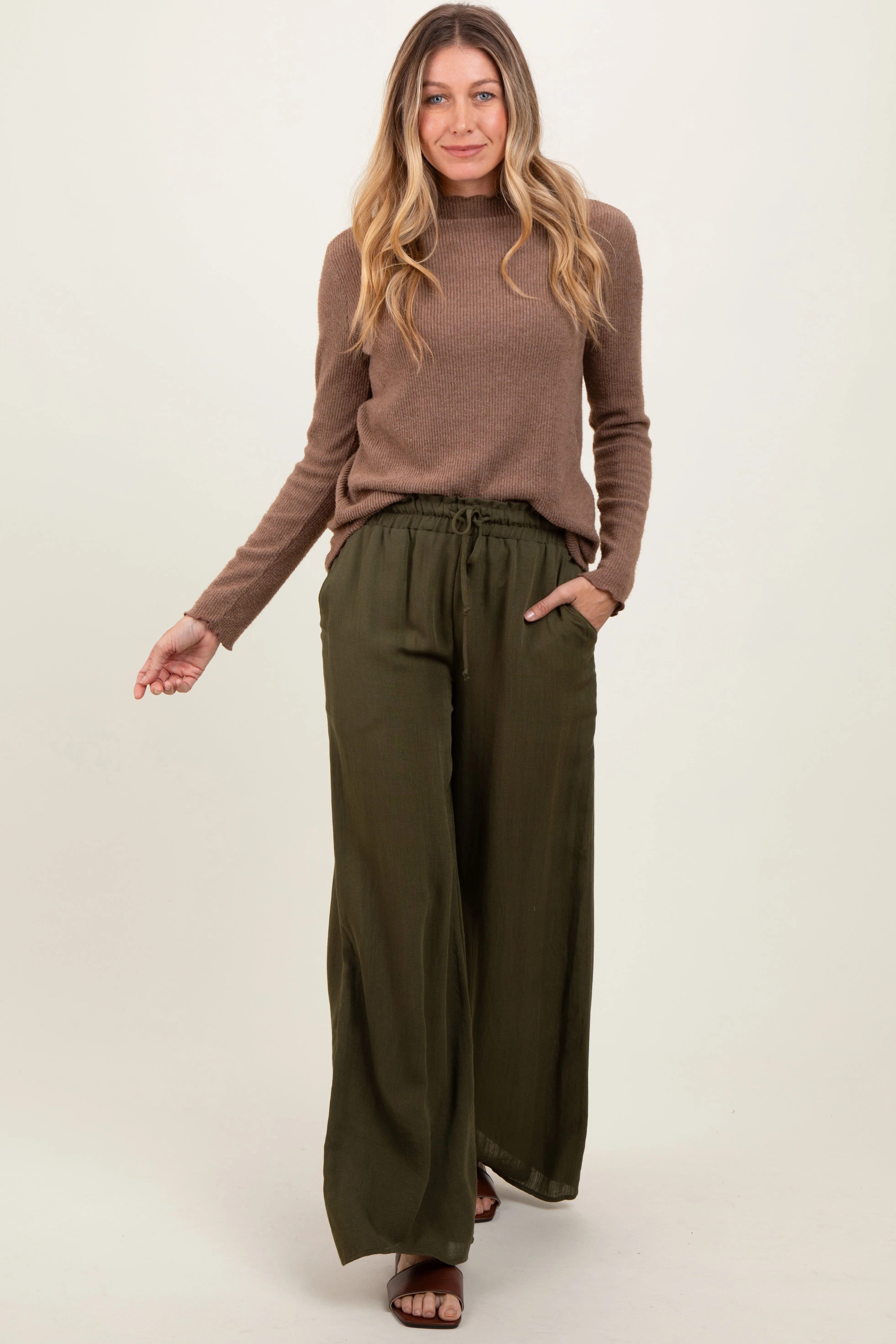 Olive Ruffled Drawstring Waist Wide Leg Pants sold by Pinkblush product image thumbnail 2