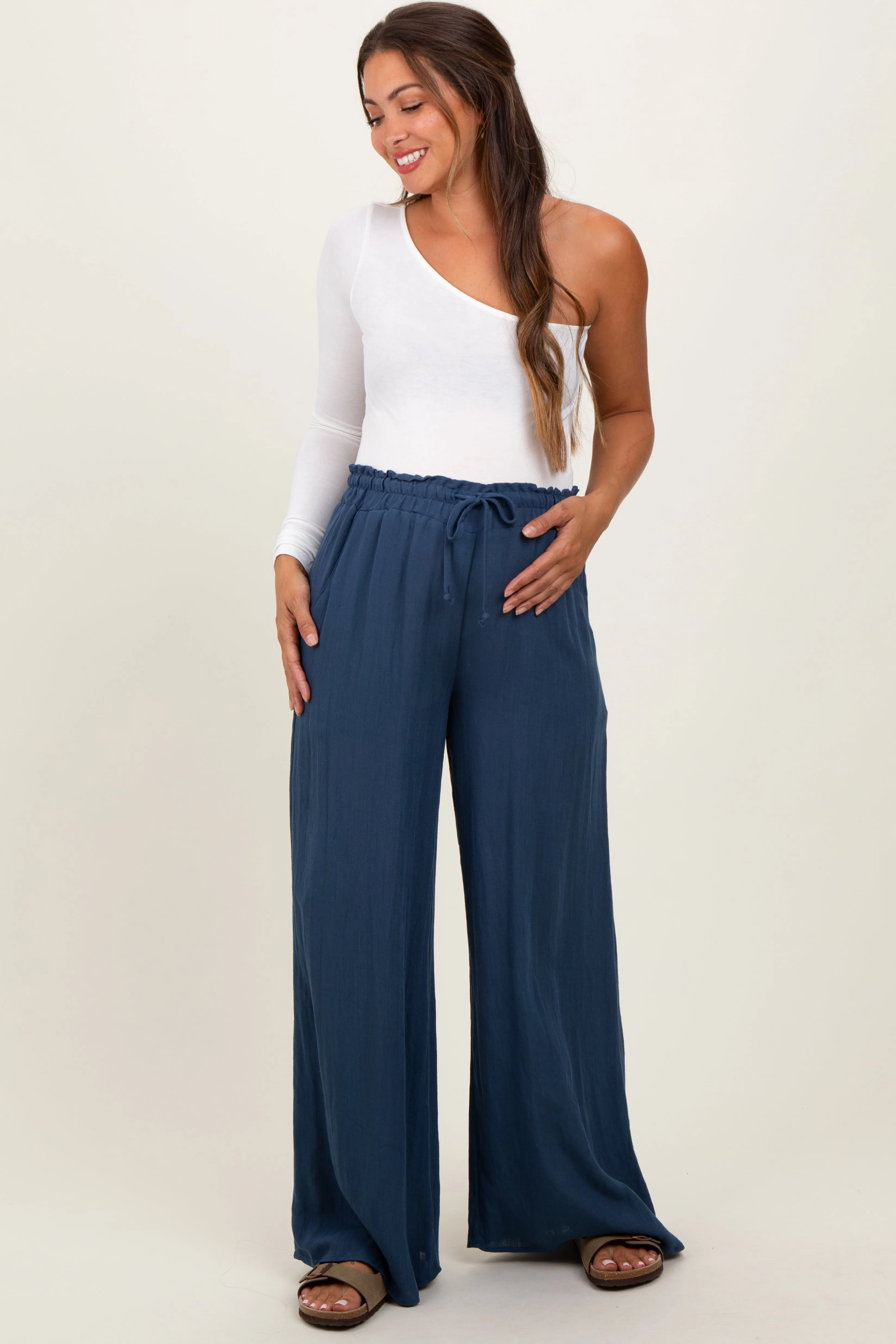 Navy Ruffled Drawstring Waist Wide Leg Maternity Pants sold by Pinkblush