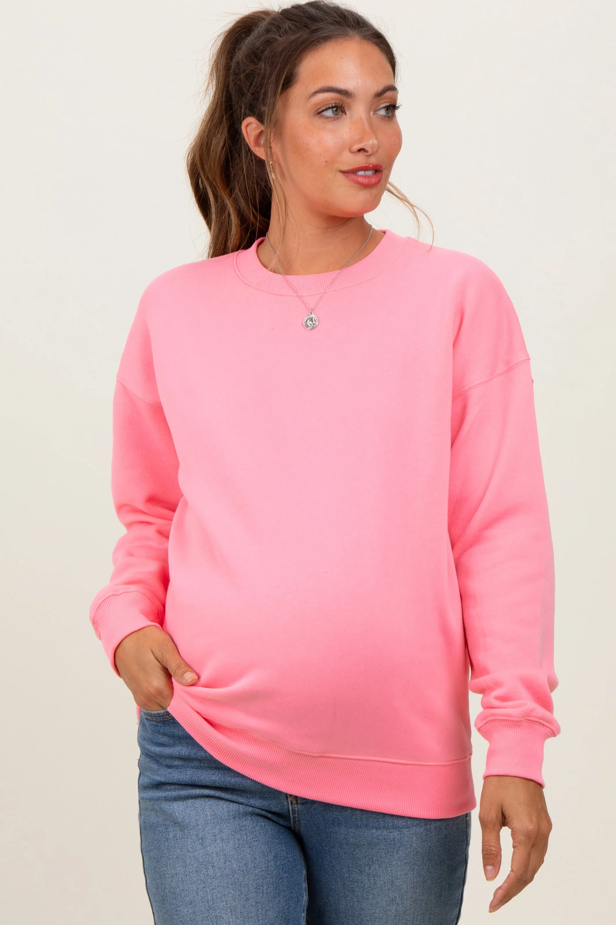Pink Fleece Crew Neck Relaxed Fit Maternity Sweatshirt sold by Pinkblush