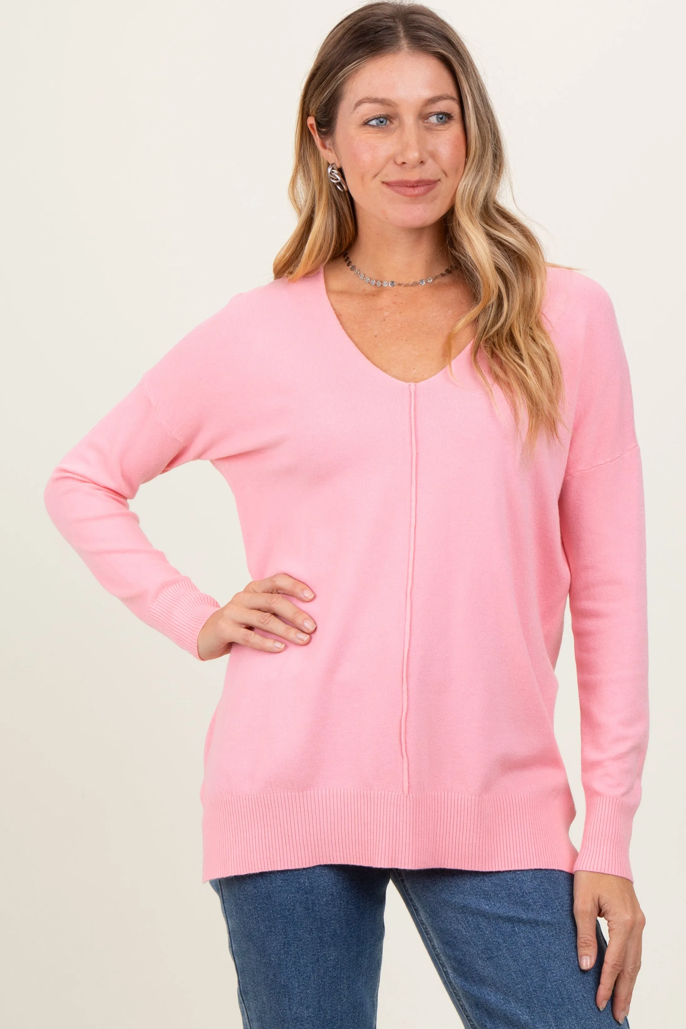 Peach Front Seam V-Neck Side Slit Sweater sold by Pinkblush product image thumbnail 2