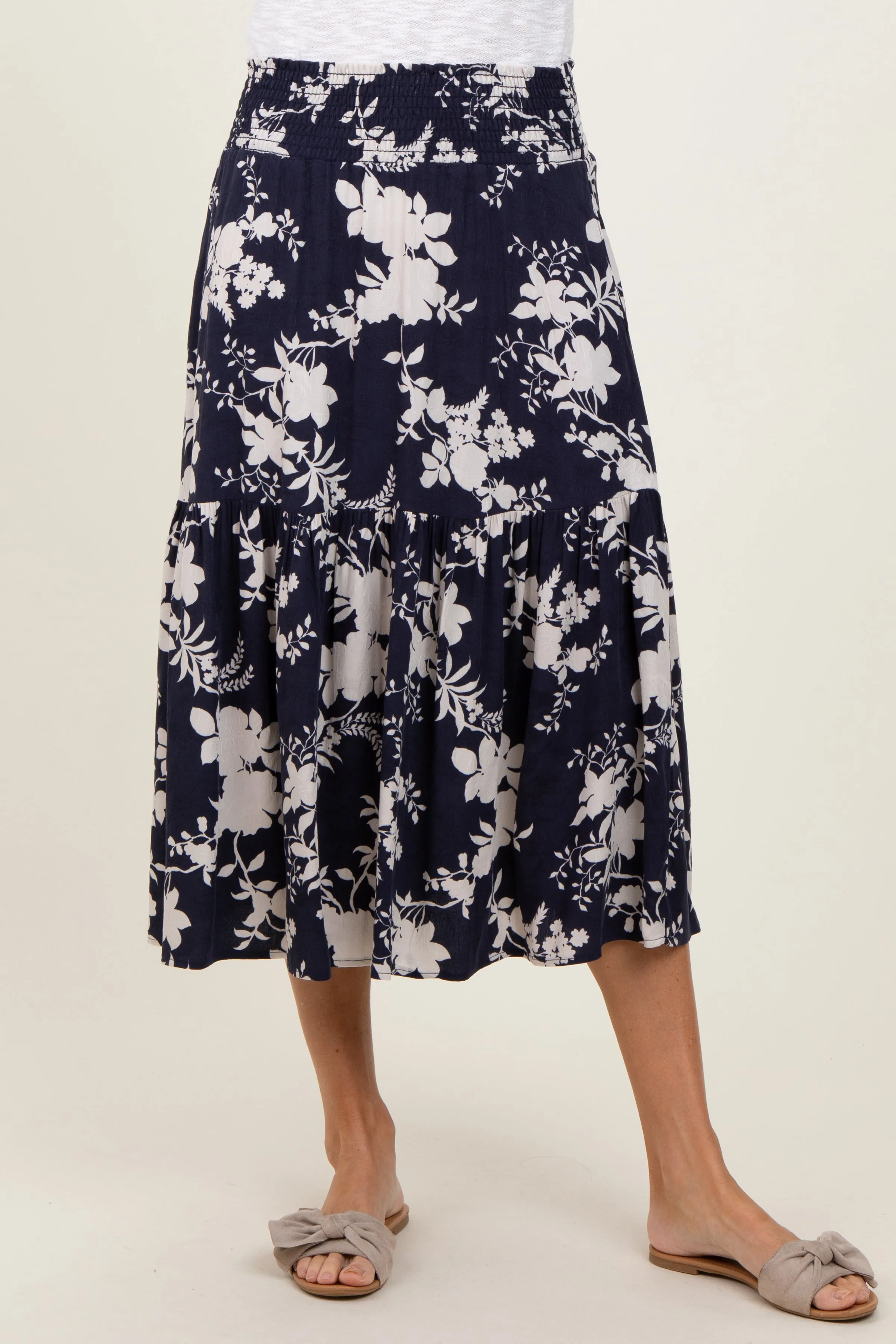 Navy Floral Smocked Waist Midi Skirt sold by Pinkblush product image thumbnail 3