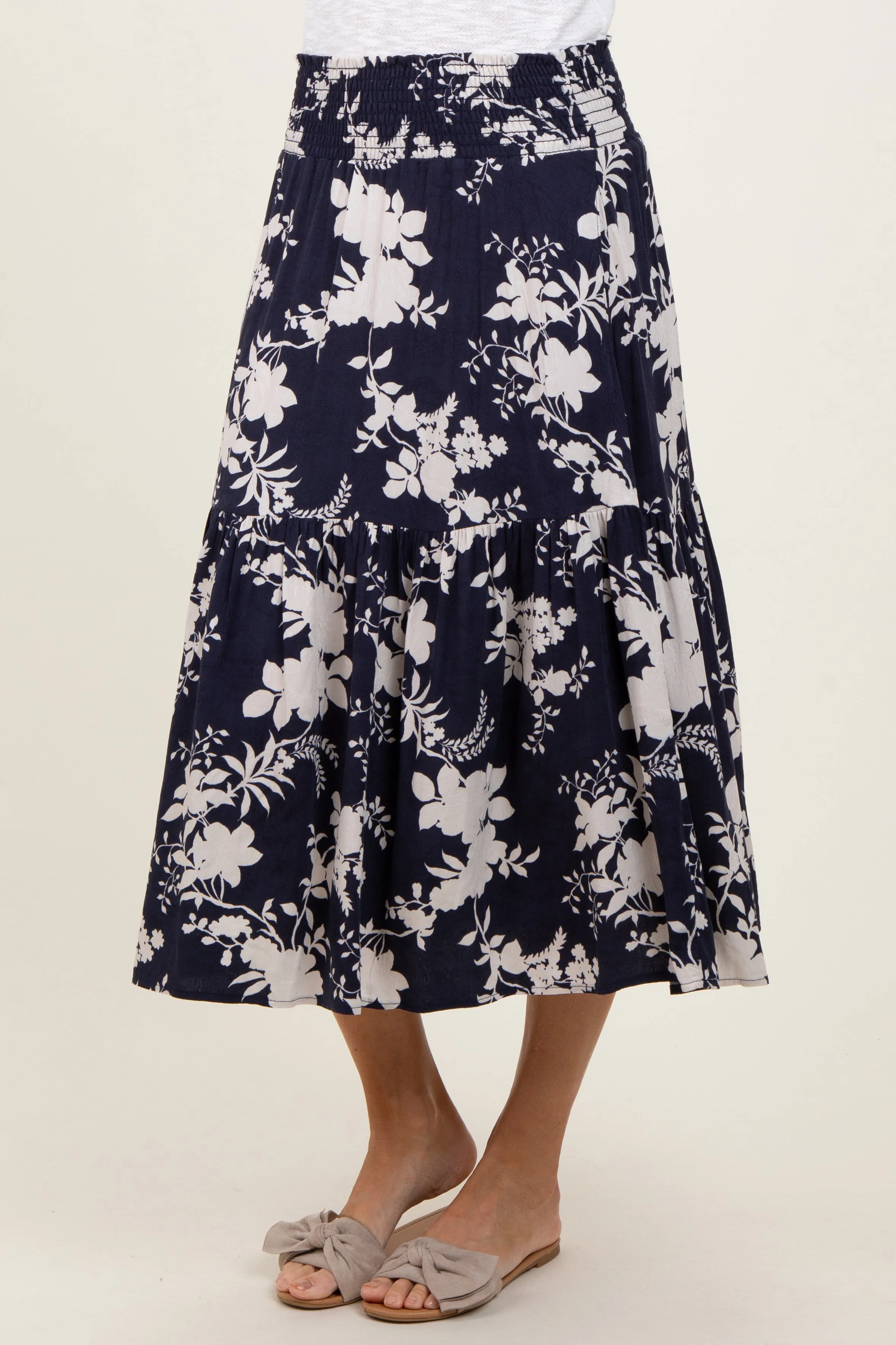 Navy Floral Smocked Waist Midi Skirt sold by Pinkblush product image thumbnail 4