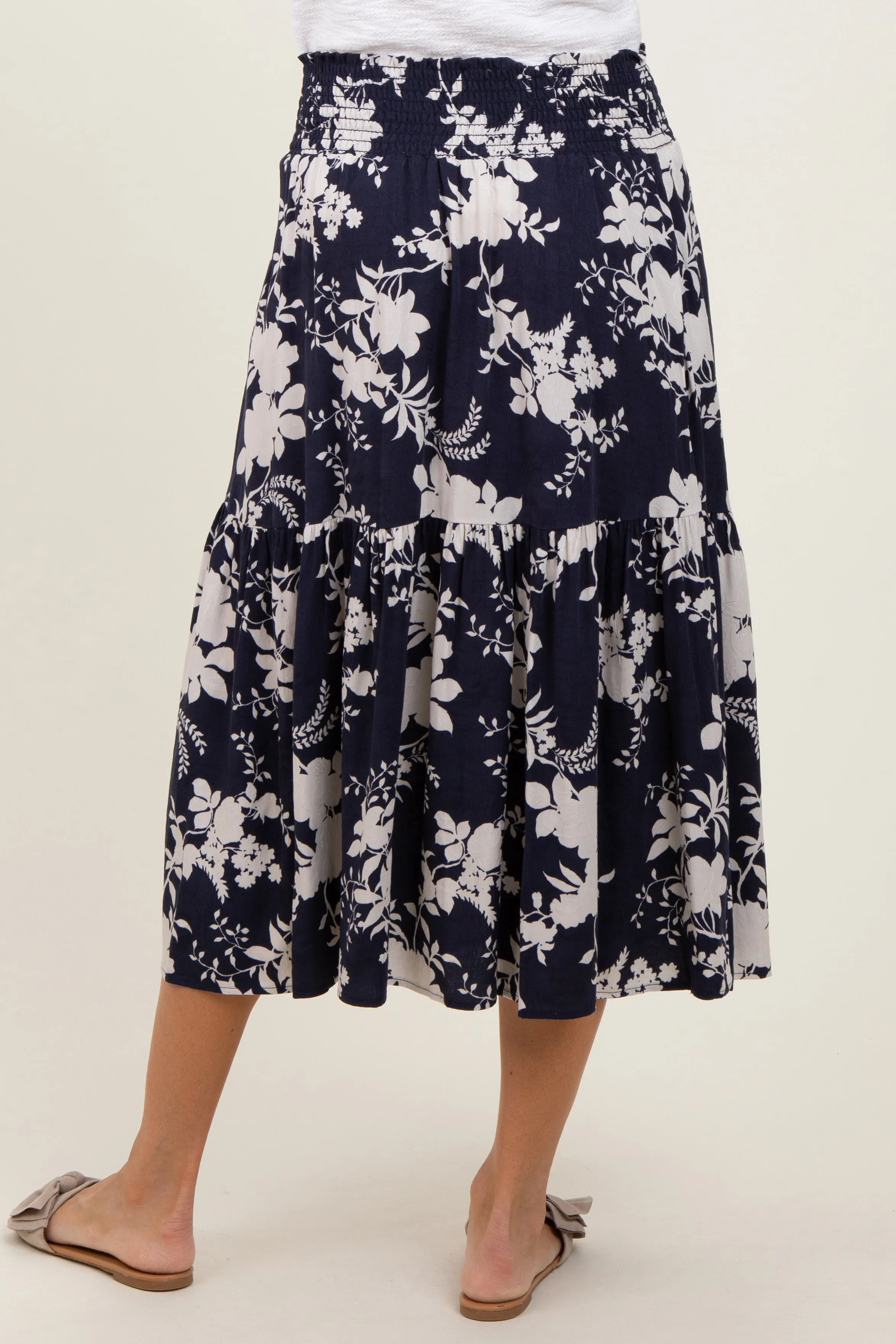 Navy Floral Smocked Waist Midi Skirt sold by Pinkblush product image thumbnail 5