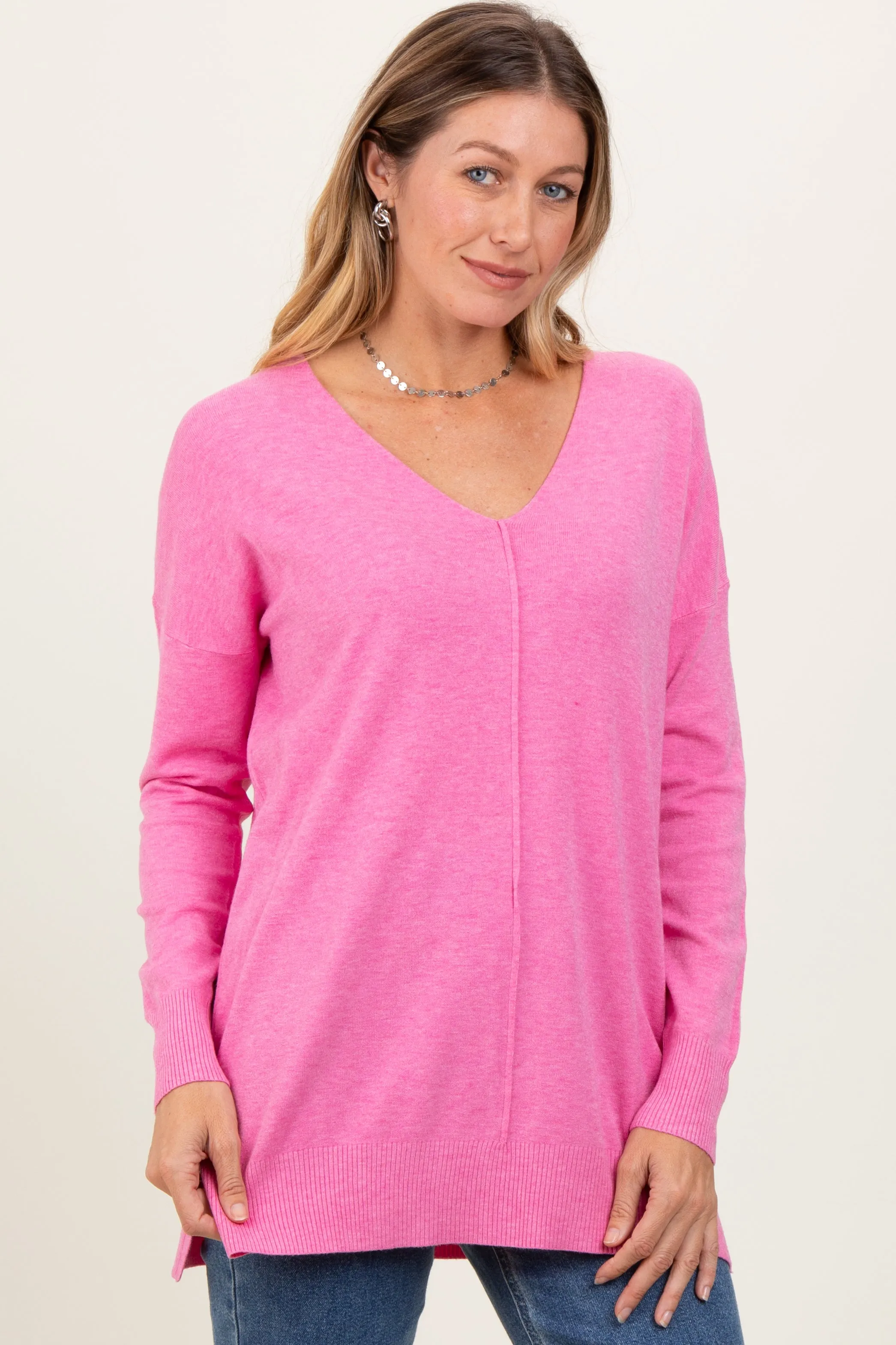 Pink Coral Front Seam V-Neck Side Slit Sweater sold by Pinkblush product image thumbnail 3