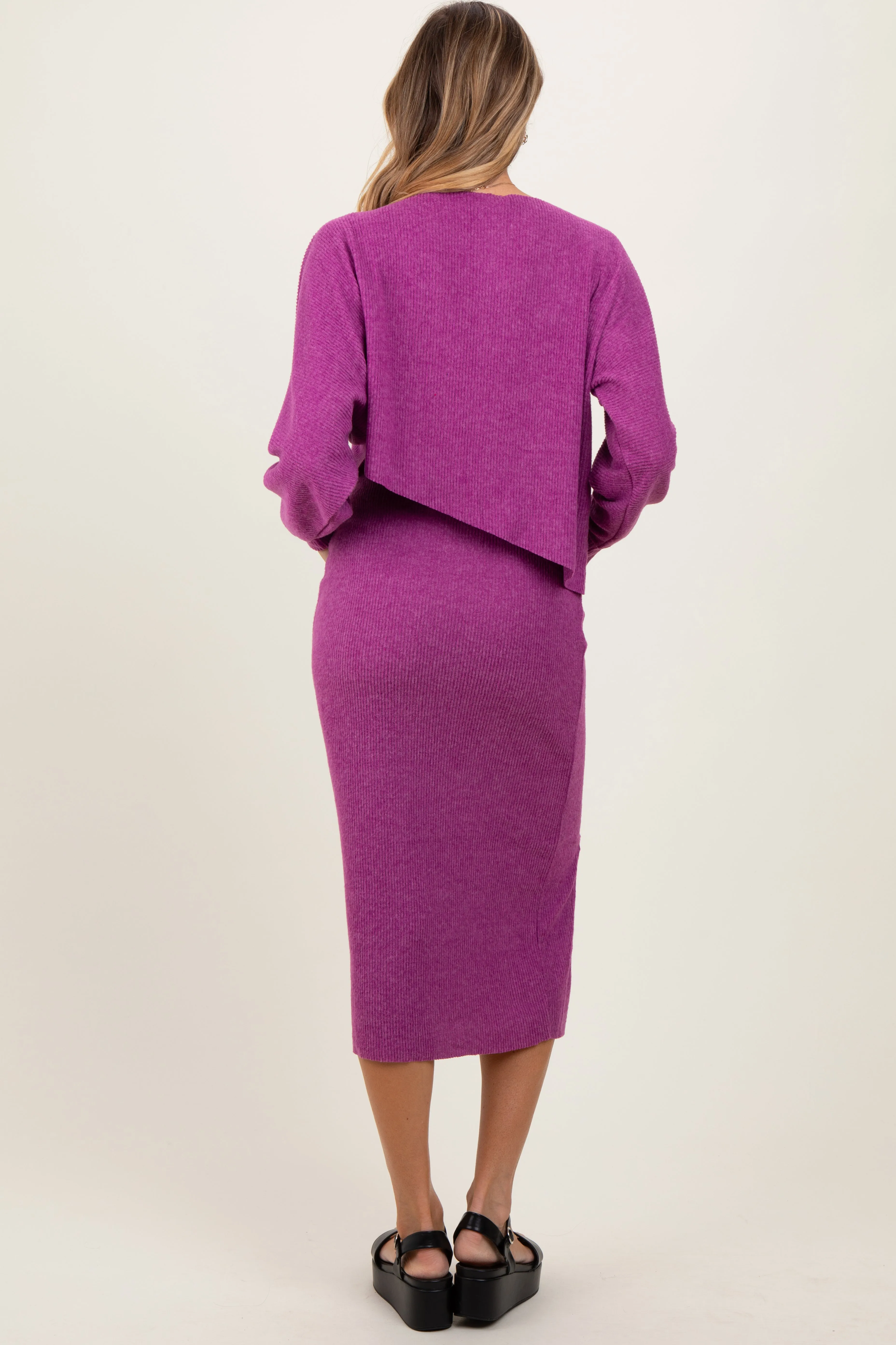 Plum Ribbed Knit Asymmetric Top Midi Skirt Set sold by Pinkblush product image thumbnail 4