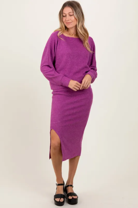 Plum Ribbed Knit Asymmetric Top Midi Skirt Set sold by Pinkblush