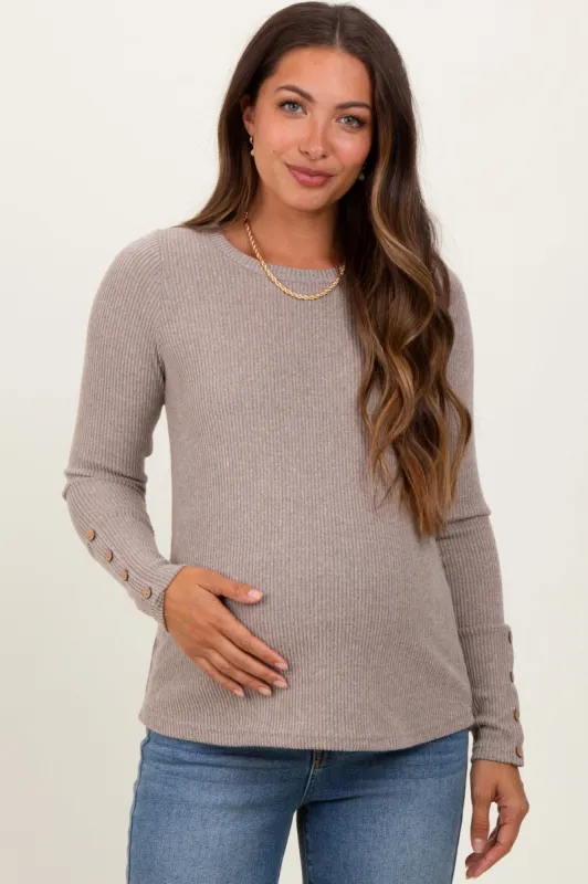 Taupe Ribbed Knit Button Detail Long Sleeve Maternity Top sold by Pinkblush