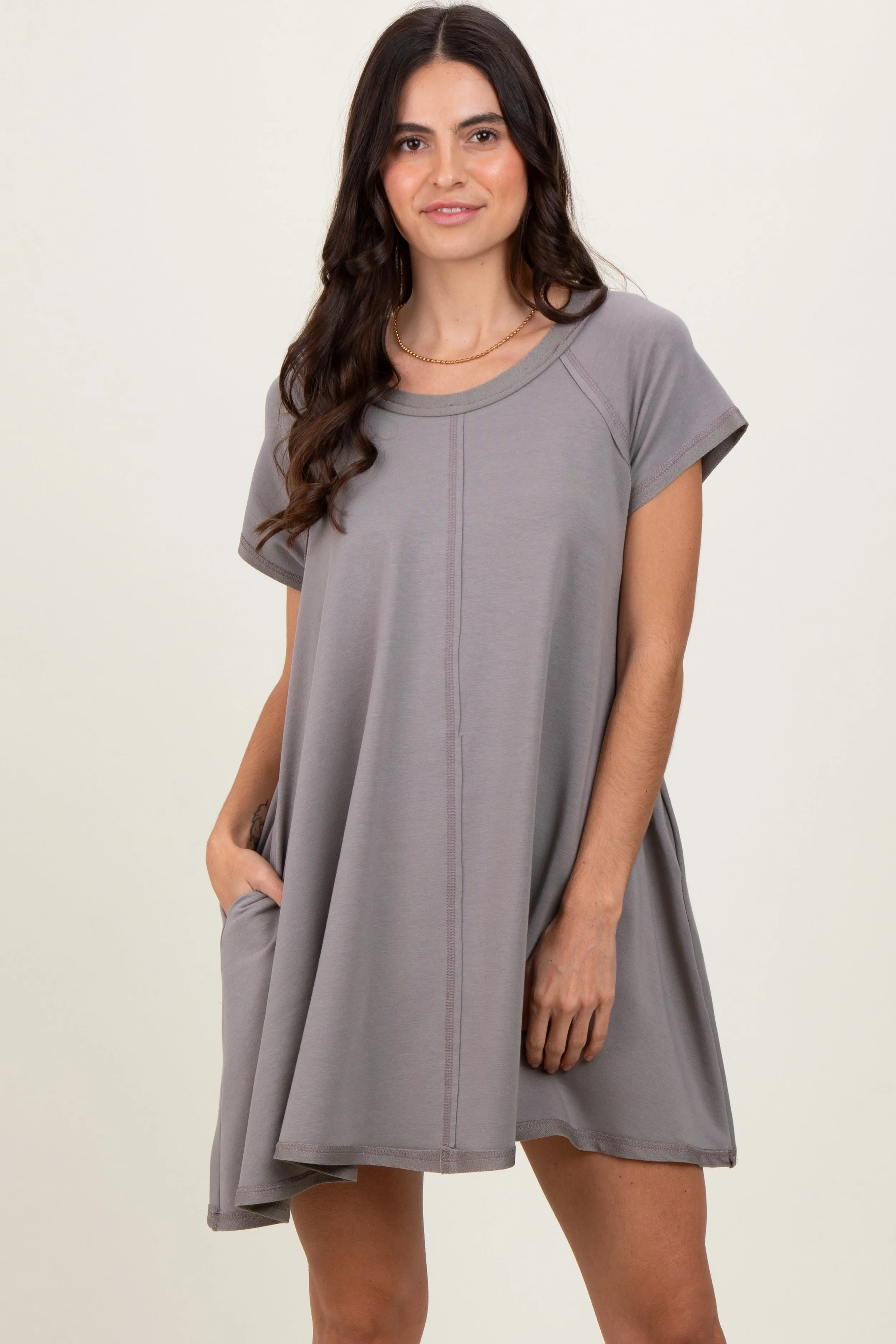 Mocha French Terry Basic Short Sleeve Maternity Mini Dress sold by Pinkblush product image thumbnail 3