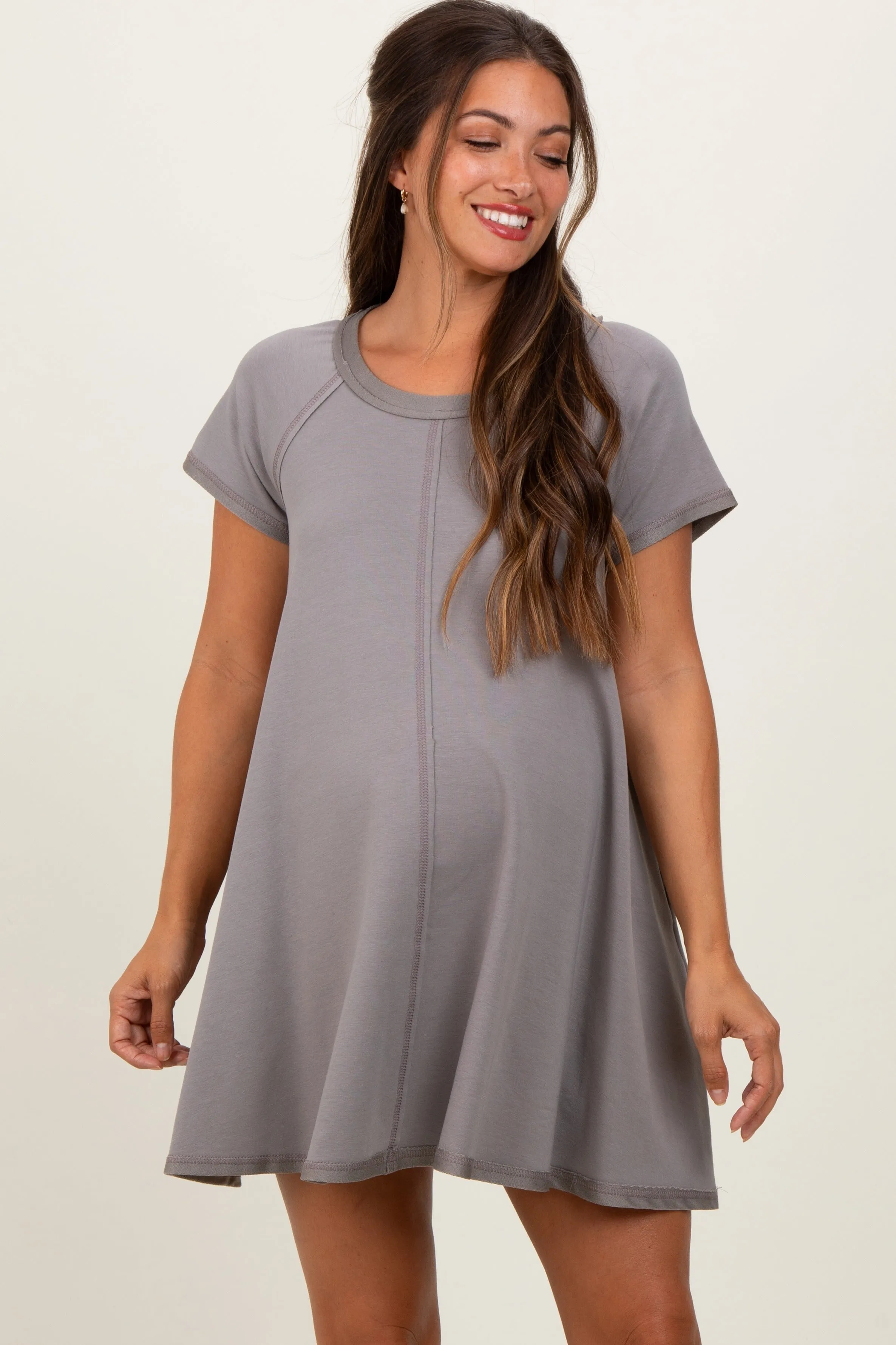 Mocha French Terry Basic Short Sleeve Maternity Mini Dress sold by Pinkblush