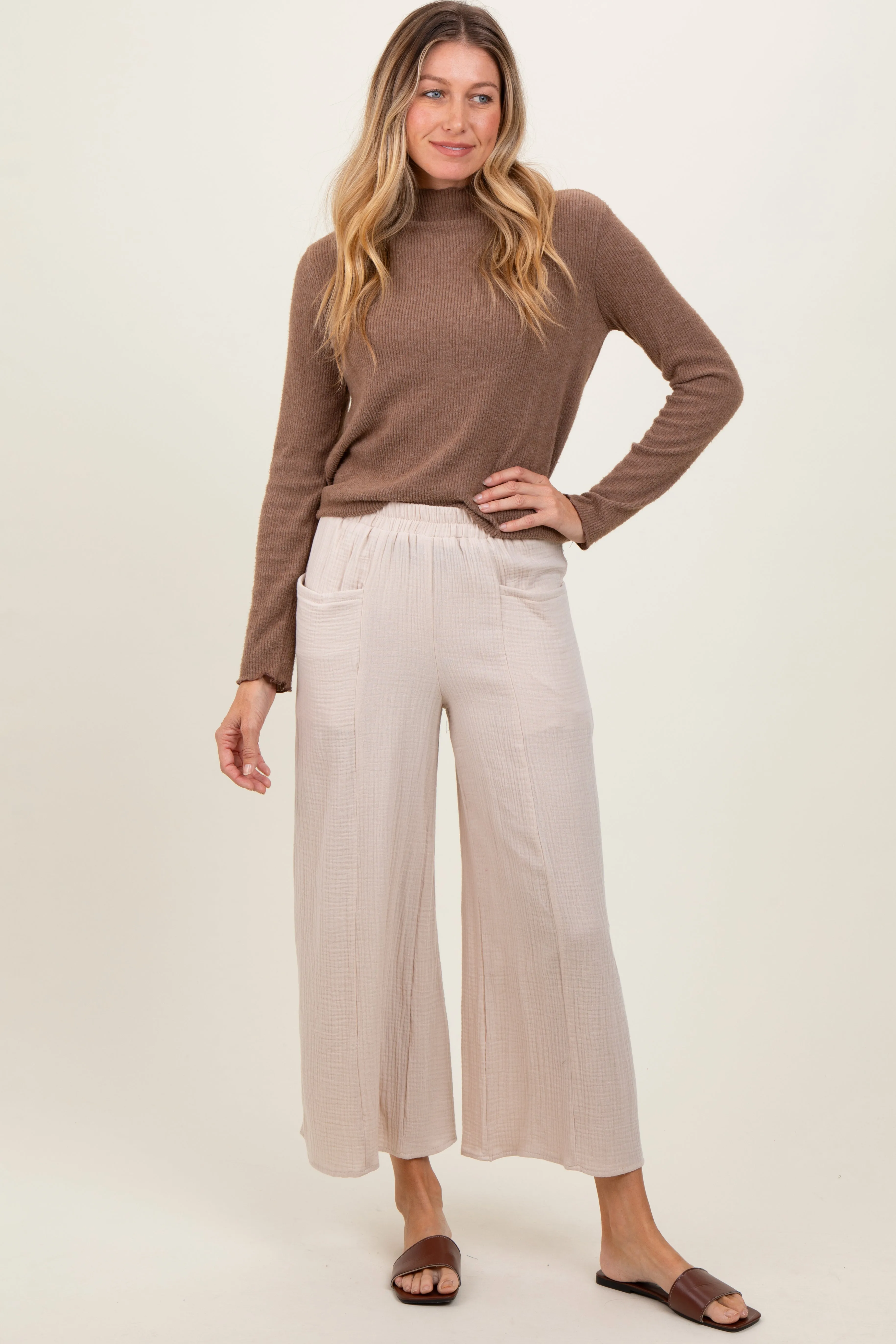 Cream Cotton Gauze Wide Leg Pants sold by Pinkblush