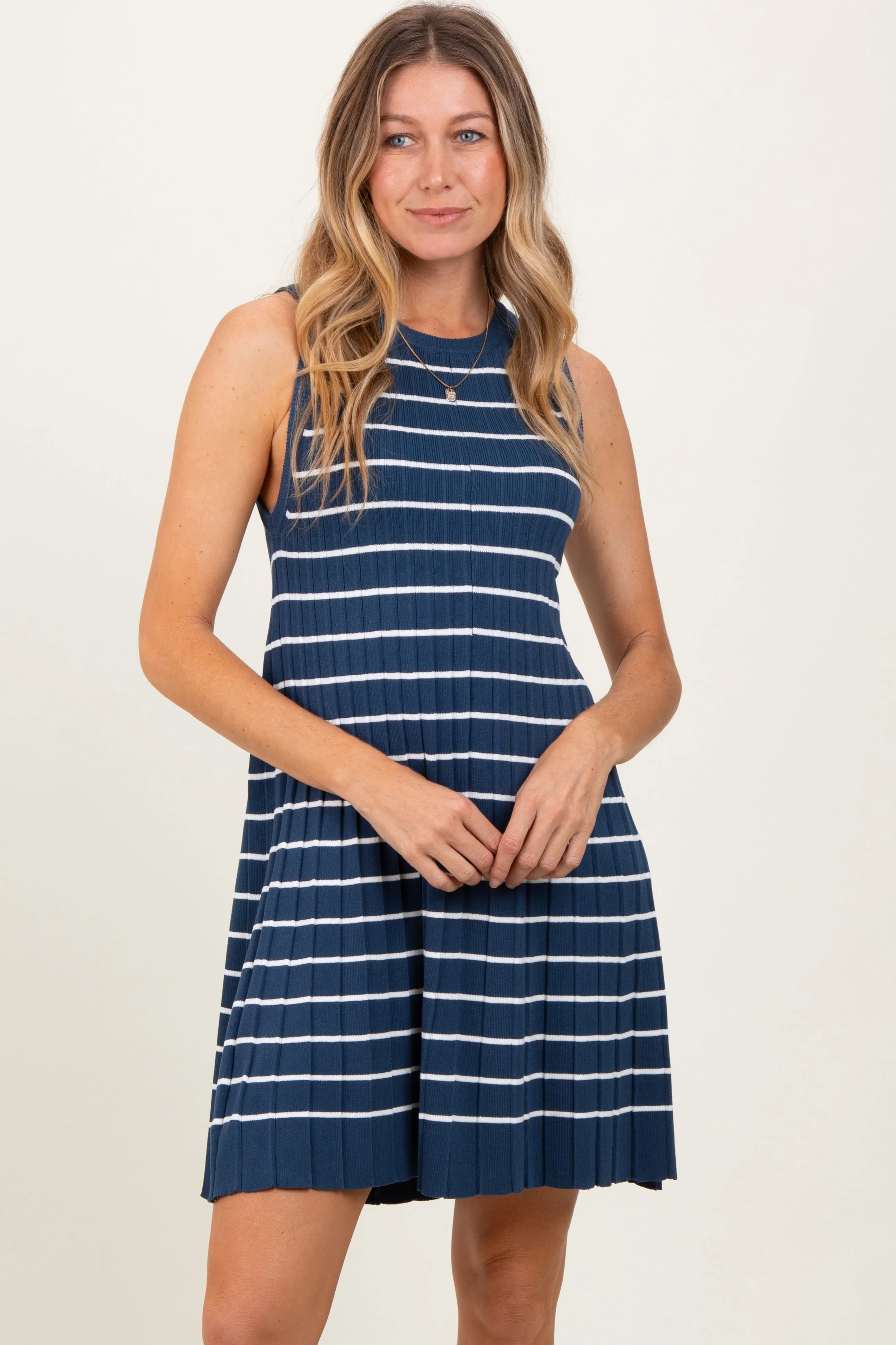 Navy Ribbed Pleated Knit Sleeveless Maternity Mini Dress sold by Pinkblush product image thumbnail 4