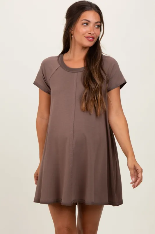 Brown French Terry Basic Short Sleeve Maternity Mini Dress sold by Pinkblush