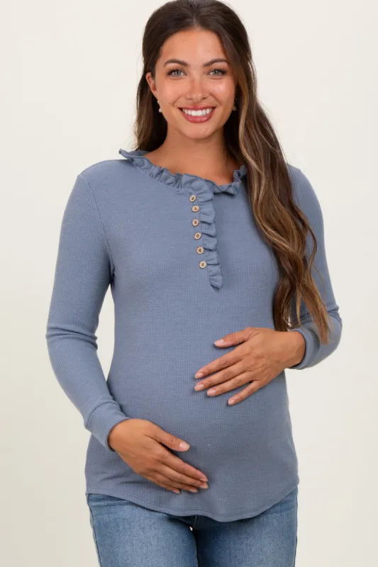 Blue Ruffle Collar Micro Waffle Knit Maternity Henley Top sold by Pinkblush
