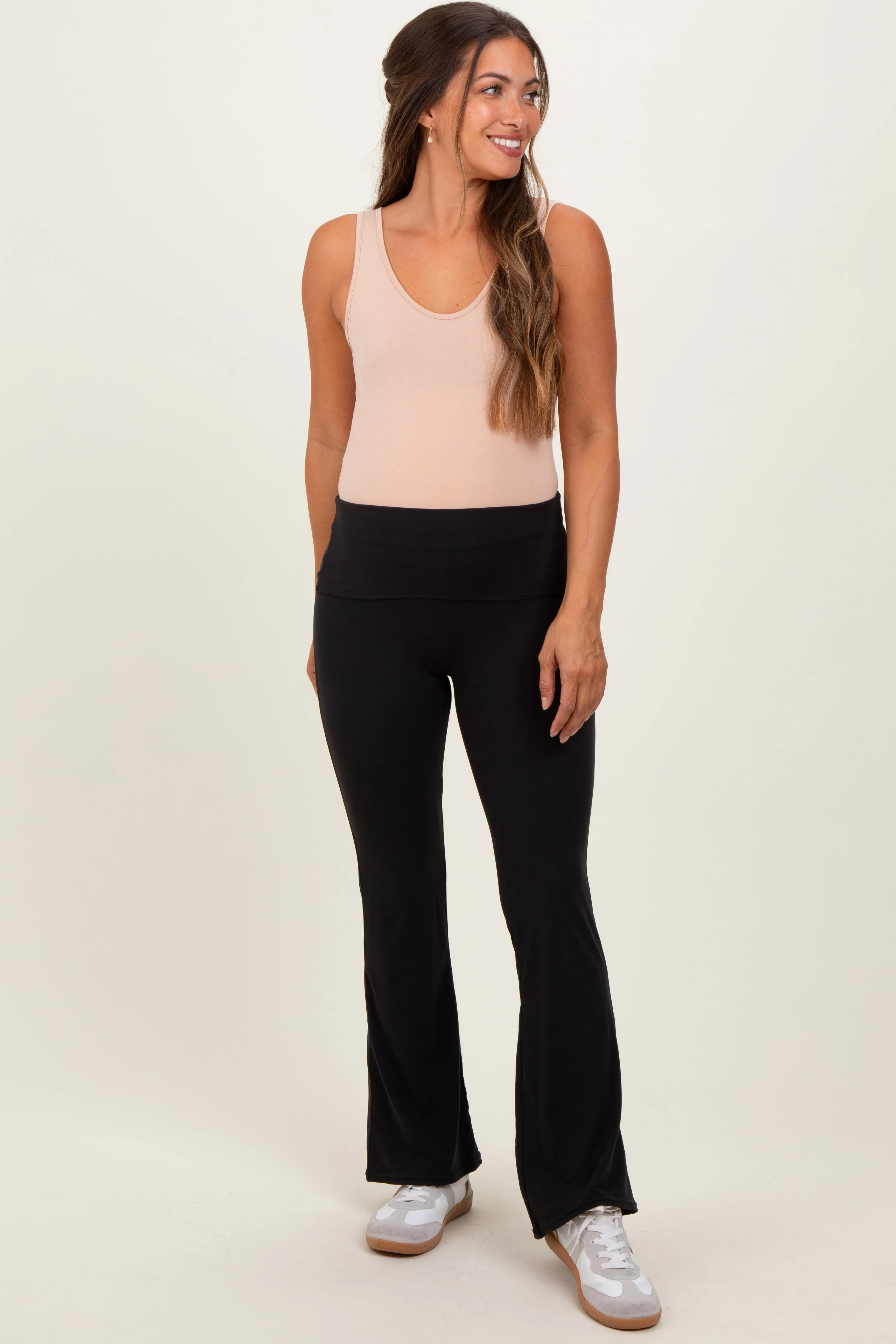 Black Fold Over Waistband Maternity Flared Pants sold by Pinkblush