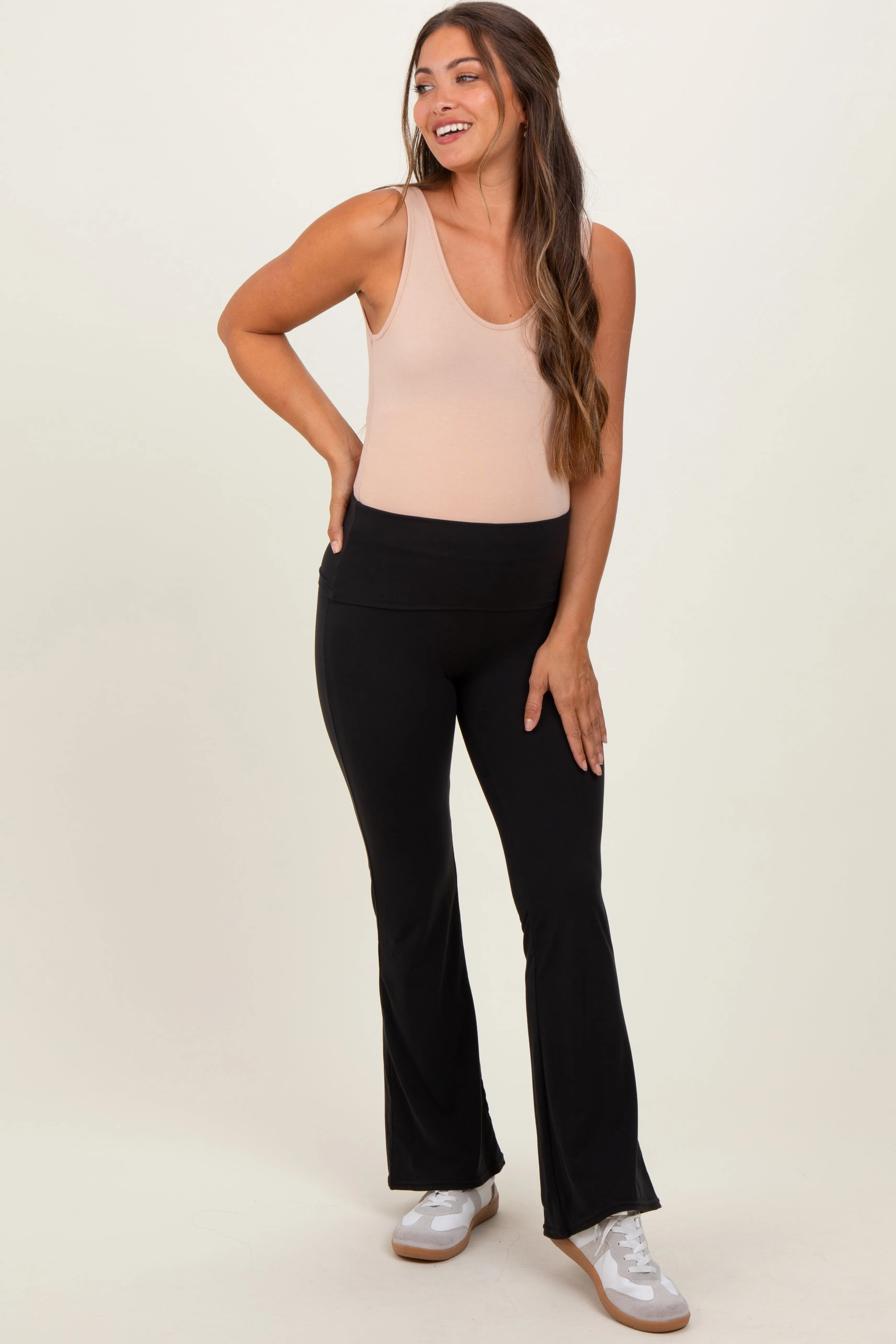 Black Fold Over Waistband Maternity Flared Pants sold by Pinkblush product image thumbnail 2