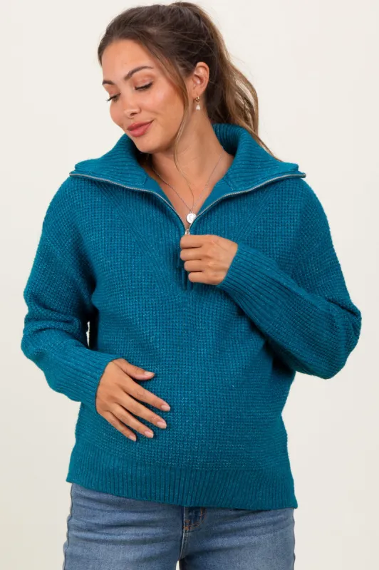 Deep Teal Half Zip Maternity Pullover Sweater sold by Pinkblush
