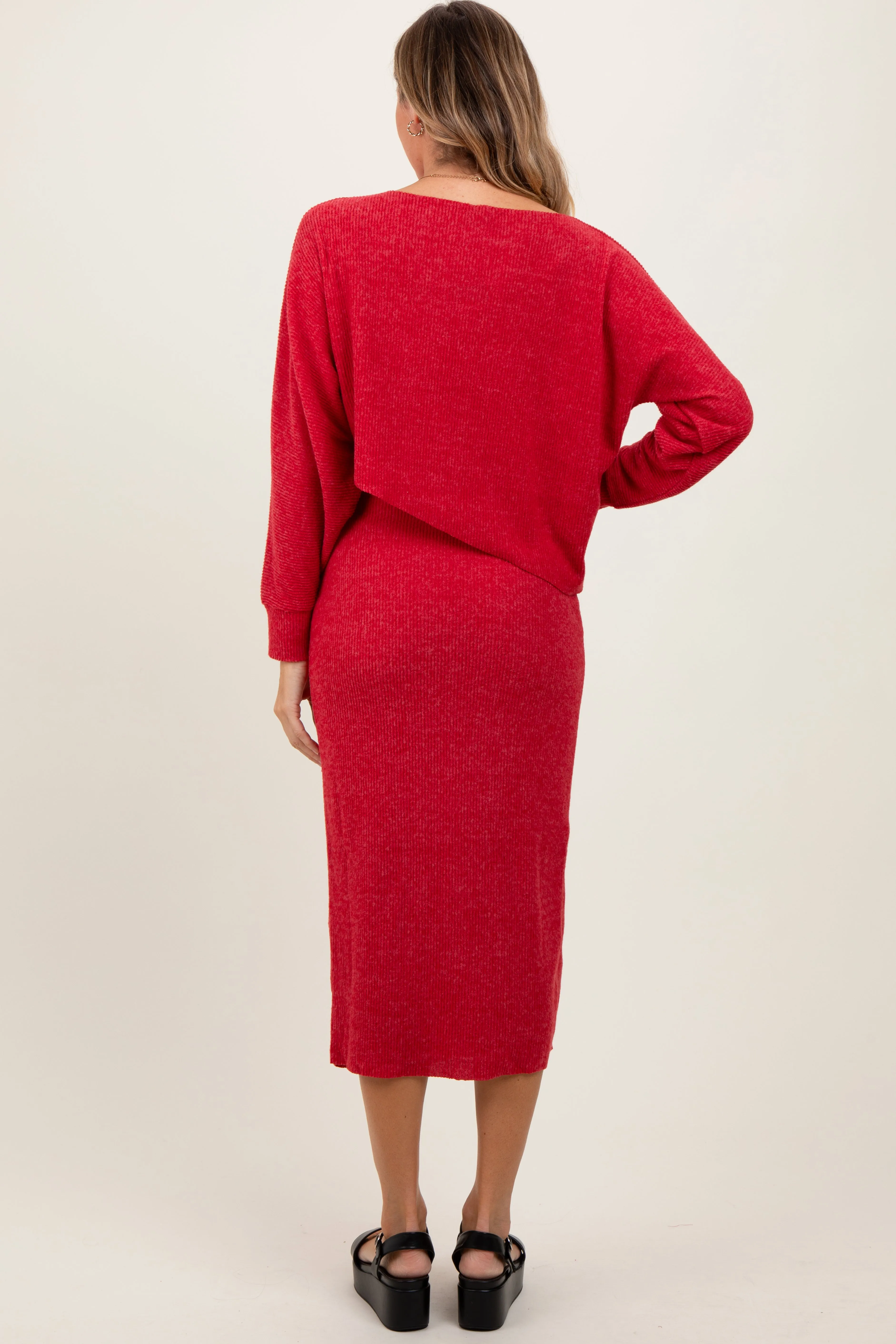 Red Ribbed Knit Asymmetric Top Midi Skirt Set sold by Pinkblush product image thumbnail 4