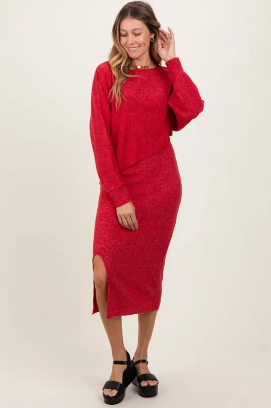 Red Ribbed Knit Asymmetric Top Midi Skirt Set sold by Pinkblush