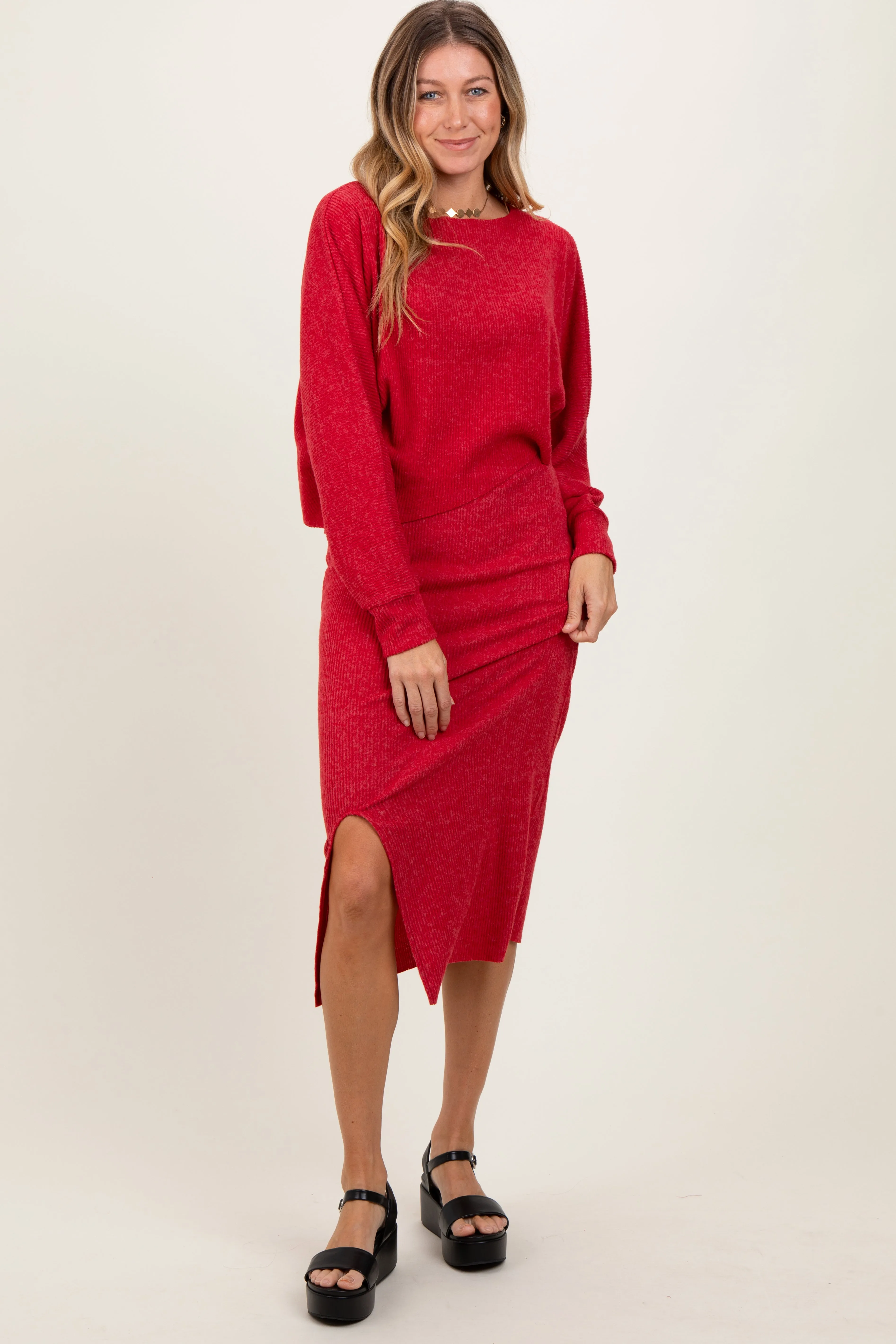 Red Ribbed Knit Asymmetric Top Midi Skirt Set sold by Pinkblush product image thumbnail 2