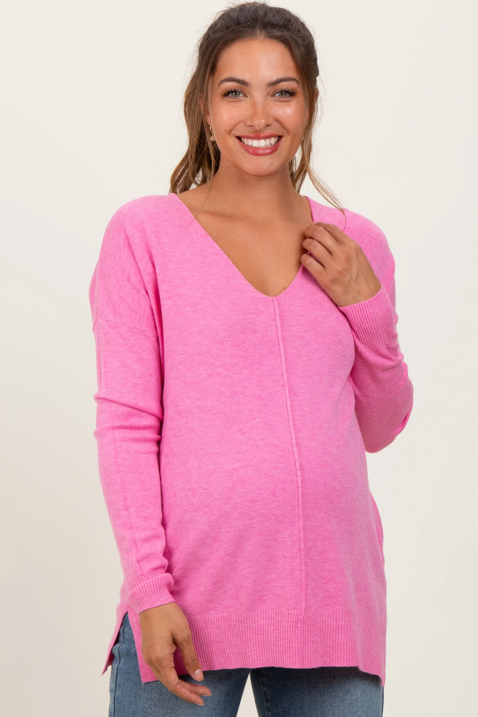 Pink Coral Front Seam V-Neck Side Slit Maternity Sweater sold by Pinkblush product image thumbnail 2