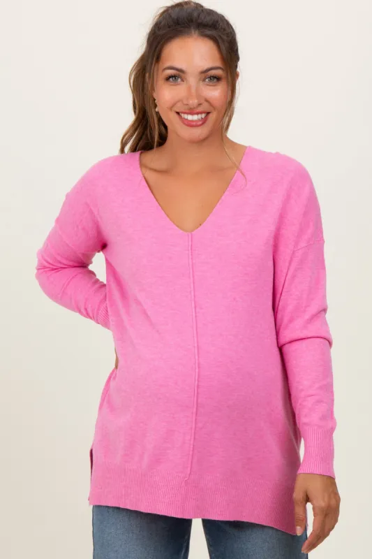 Pink Coral Front Seam V-Neck Side Slit Maternity Sweater sold by Pinkblush
