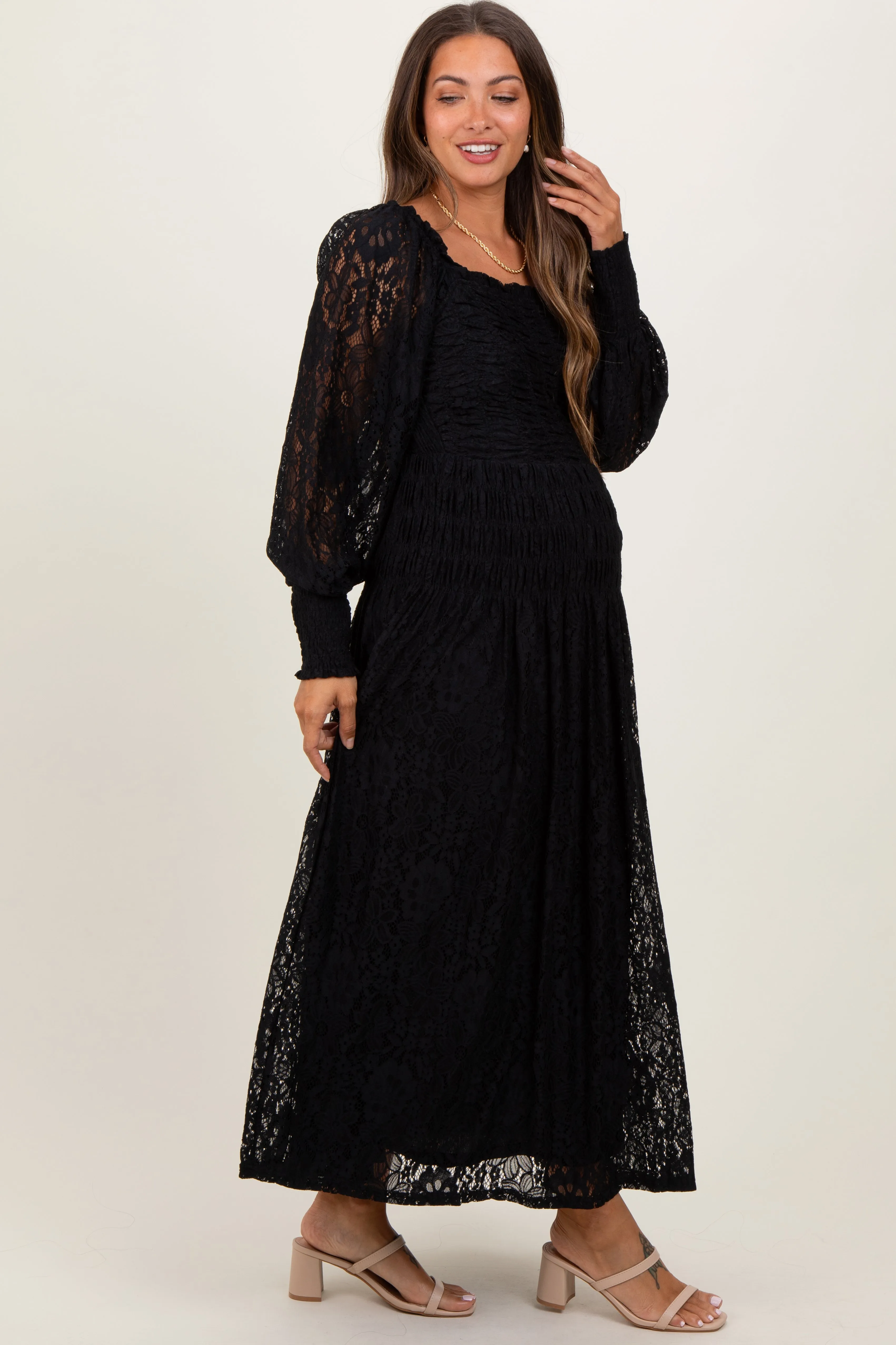 Black Lace Smocked Bubble Sleeve Maternity Maxi Dress sold by Pinkblush product image thumbnail 2