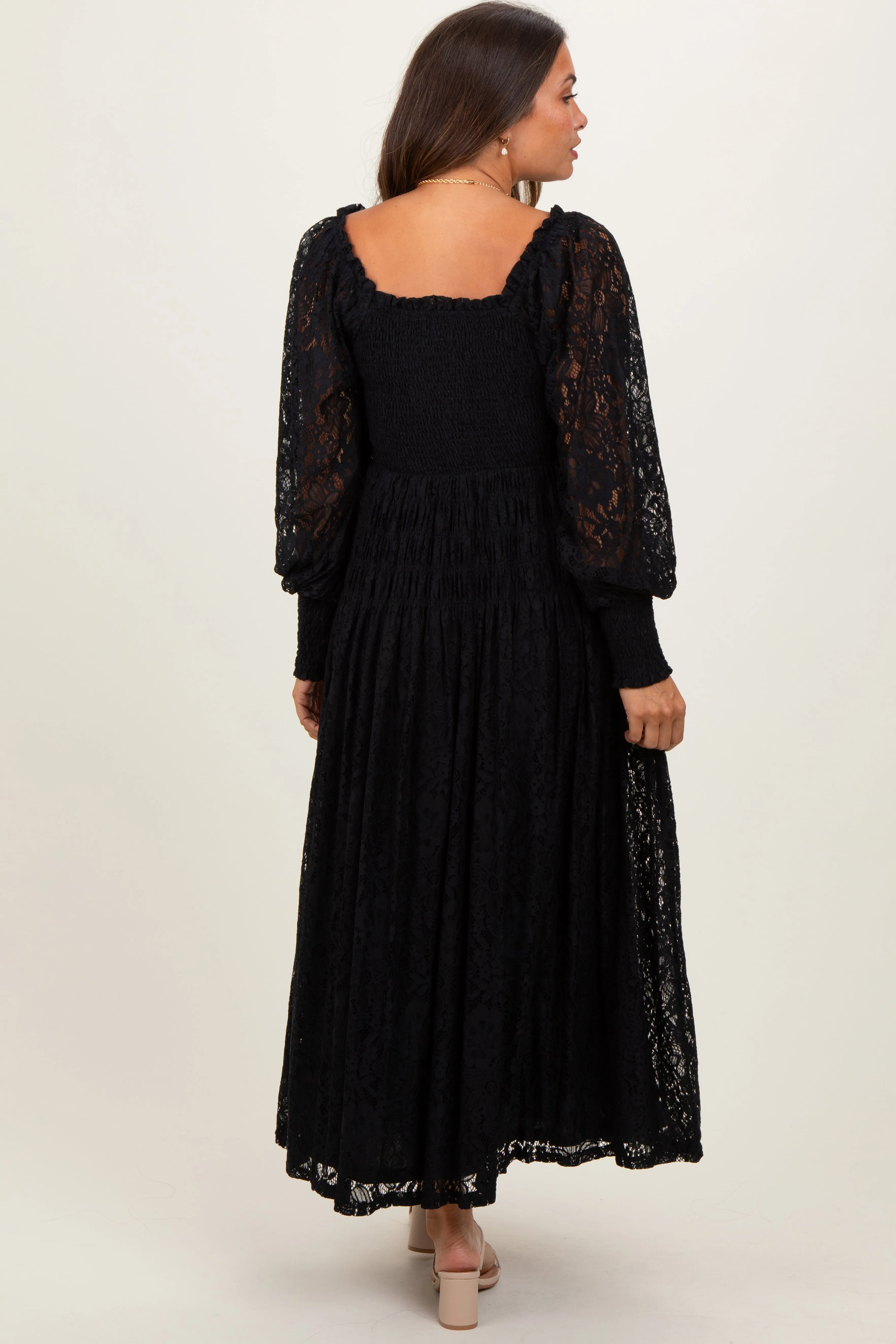 Black Lace Smocked Bubble Sleeve Maternity Maxi Dress sold by Pinkblush product image thumbnail 3