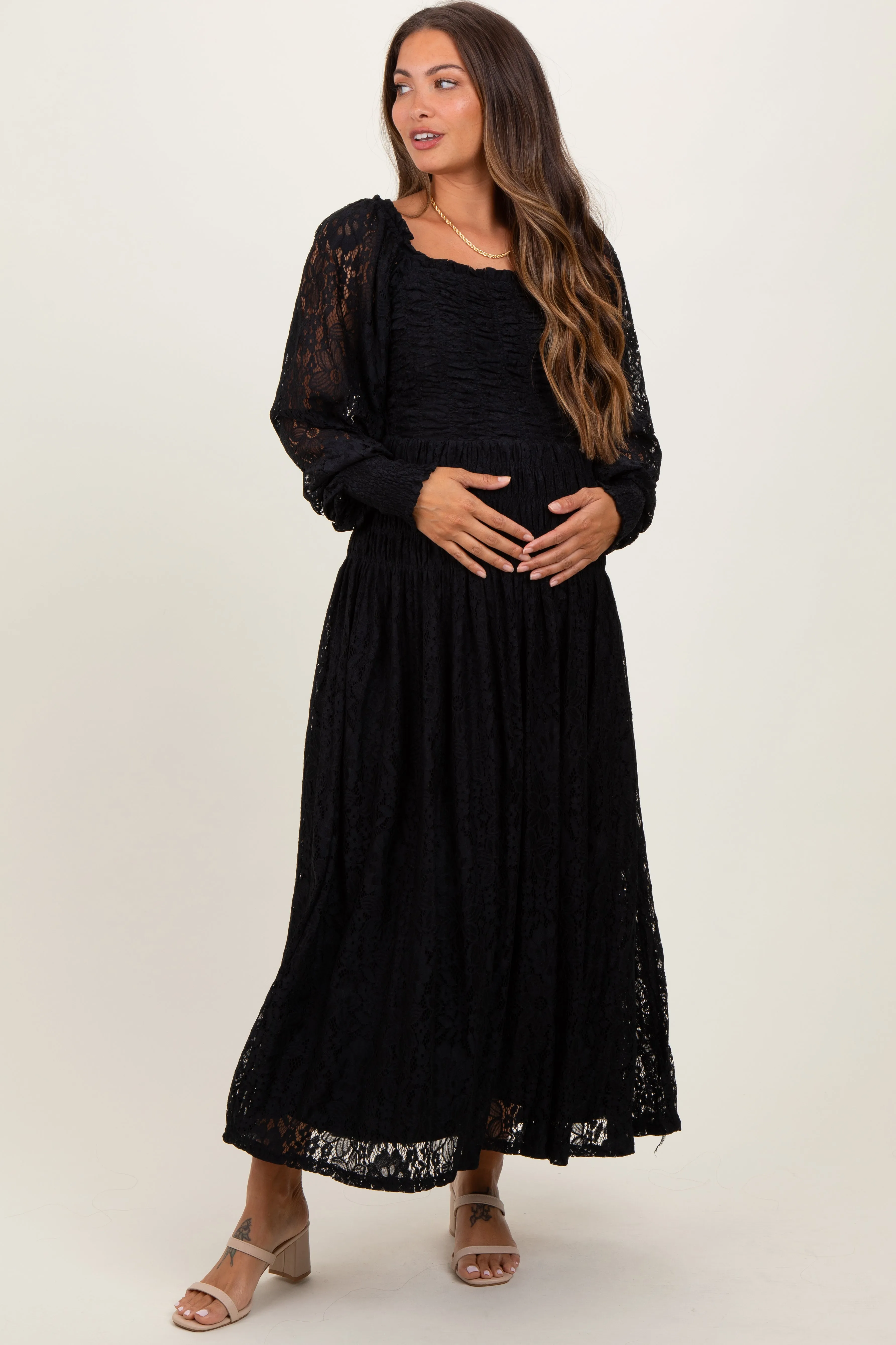 Black Lace Smocked Bubble Sleeve Maternity Maxi Dress sold by Pinkblush