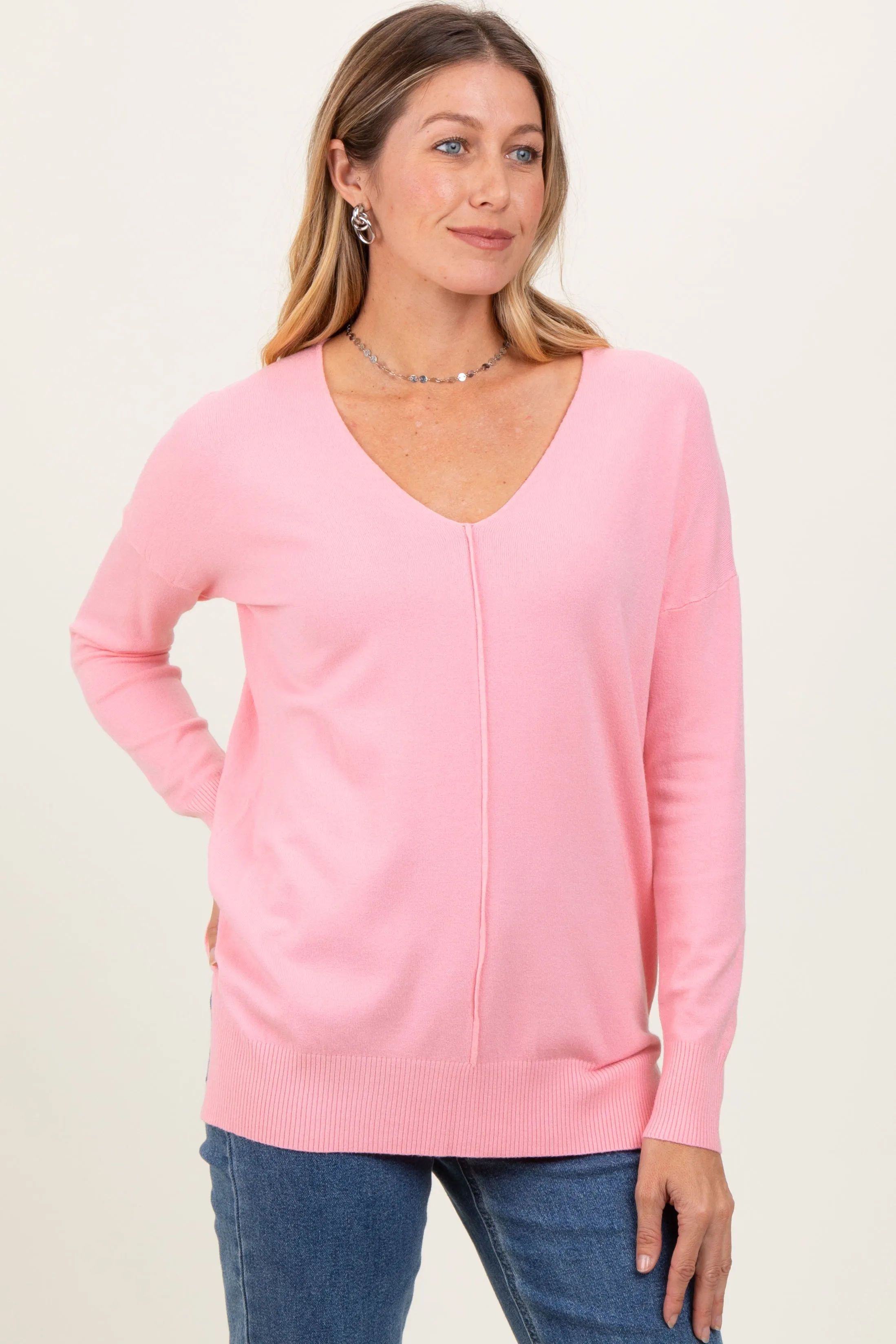 Peach Front Seam V-Neck Side Slit Sweater sold by Pinkblush product image thumbnail 3