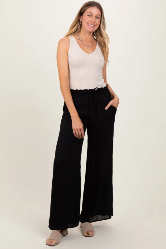 Black Ruffled Drawstring Waist Wide Leg Pants sold by Pinkblush