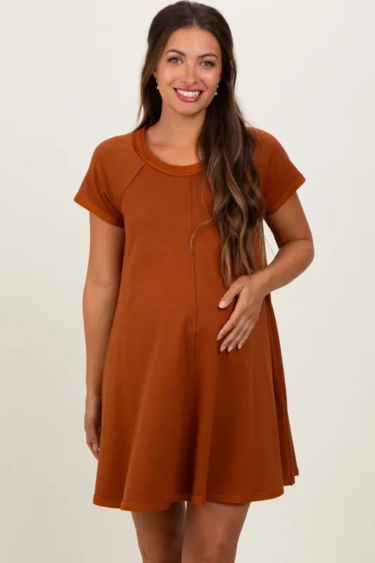Rust French Terry Basic Short Sleeve Maternity Mini Dress sold by Pinkblush