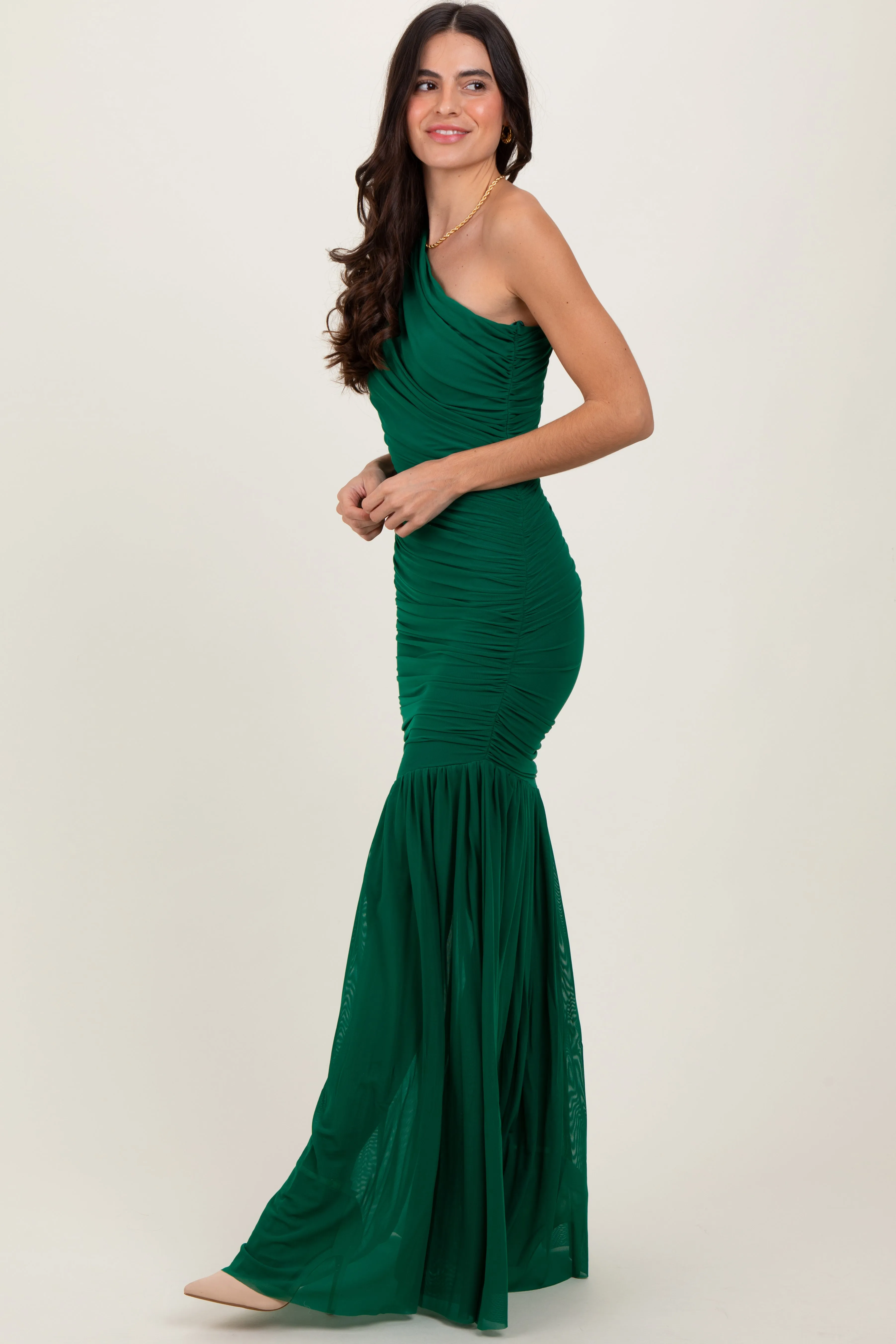 Forest Green Ruched Mesh One Shoulder Maxi Dress sold by Pinkblush product image thumbnail 2