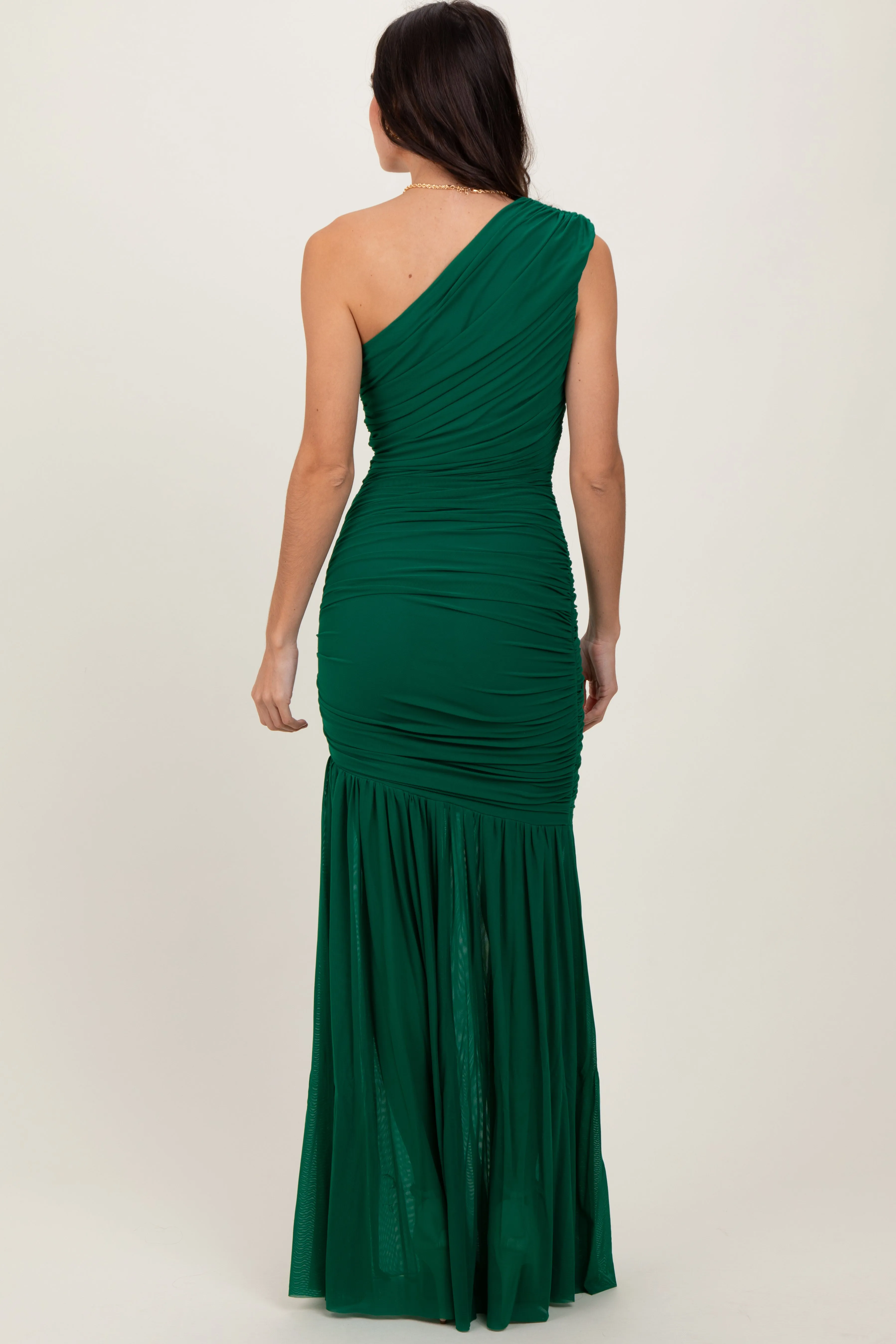 Forest Green Ruched Mesh One Shoulder Maxi Dress sold by Pinkblush product image thumbnail 3