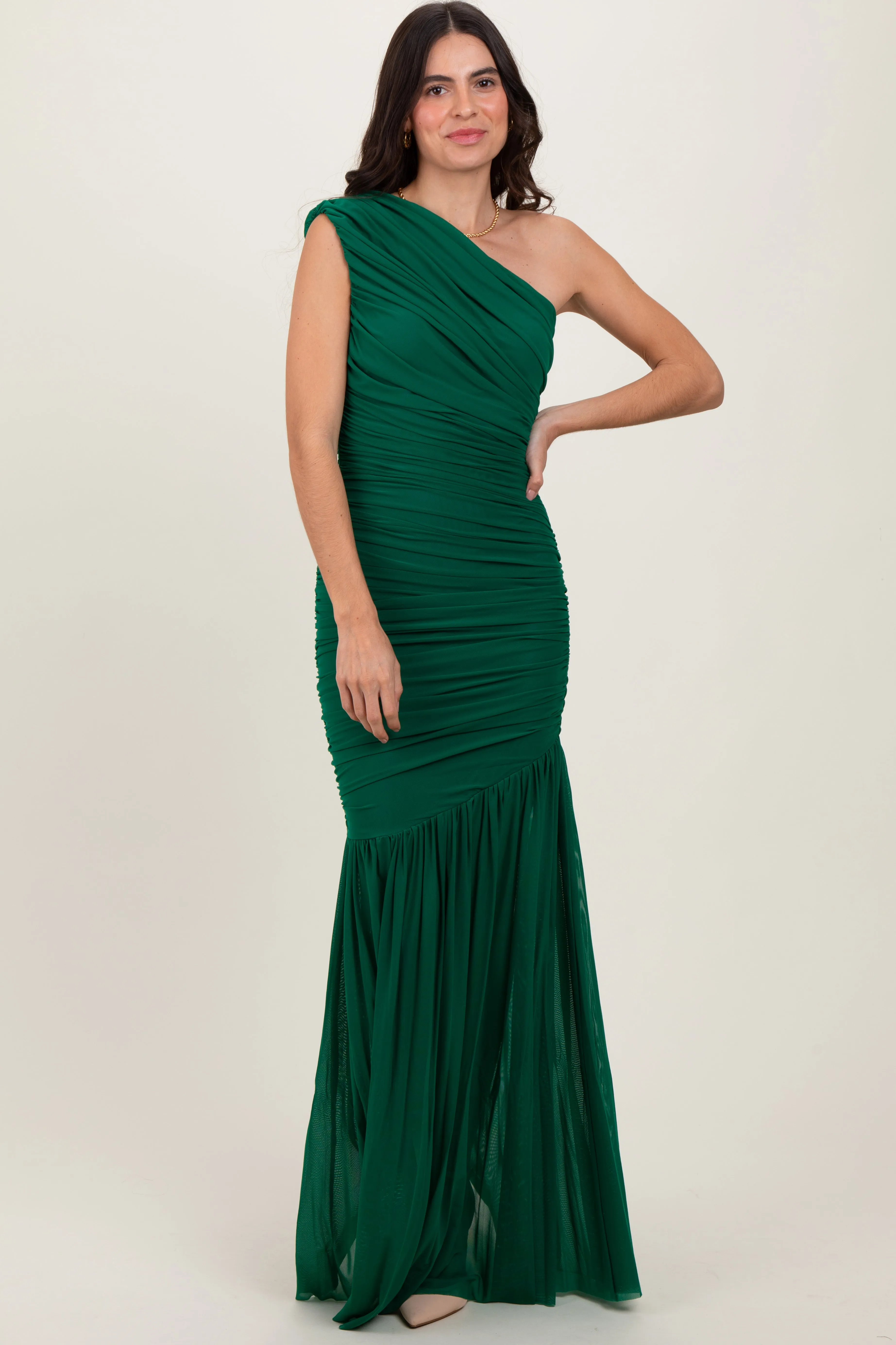 Forest Green Ruched Mesh One Shoulder Maxi Dress sold by Pinkblush