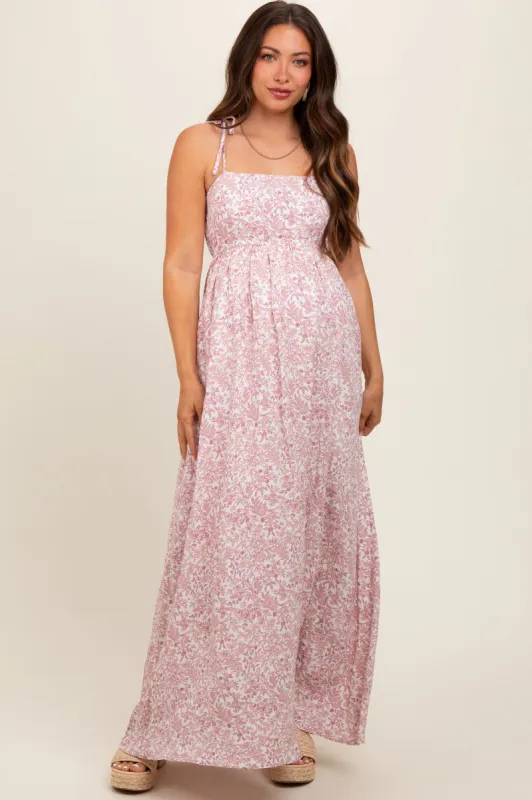 Pink Leaf Print Shoulder Strap Maternity Maxi Dress sold by Pinkblush
