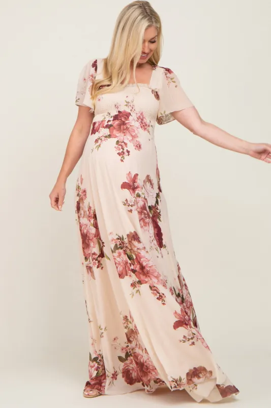 Cream Floral Chiffon Smocked Maternity Maxi Dress sold by Pinkblush